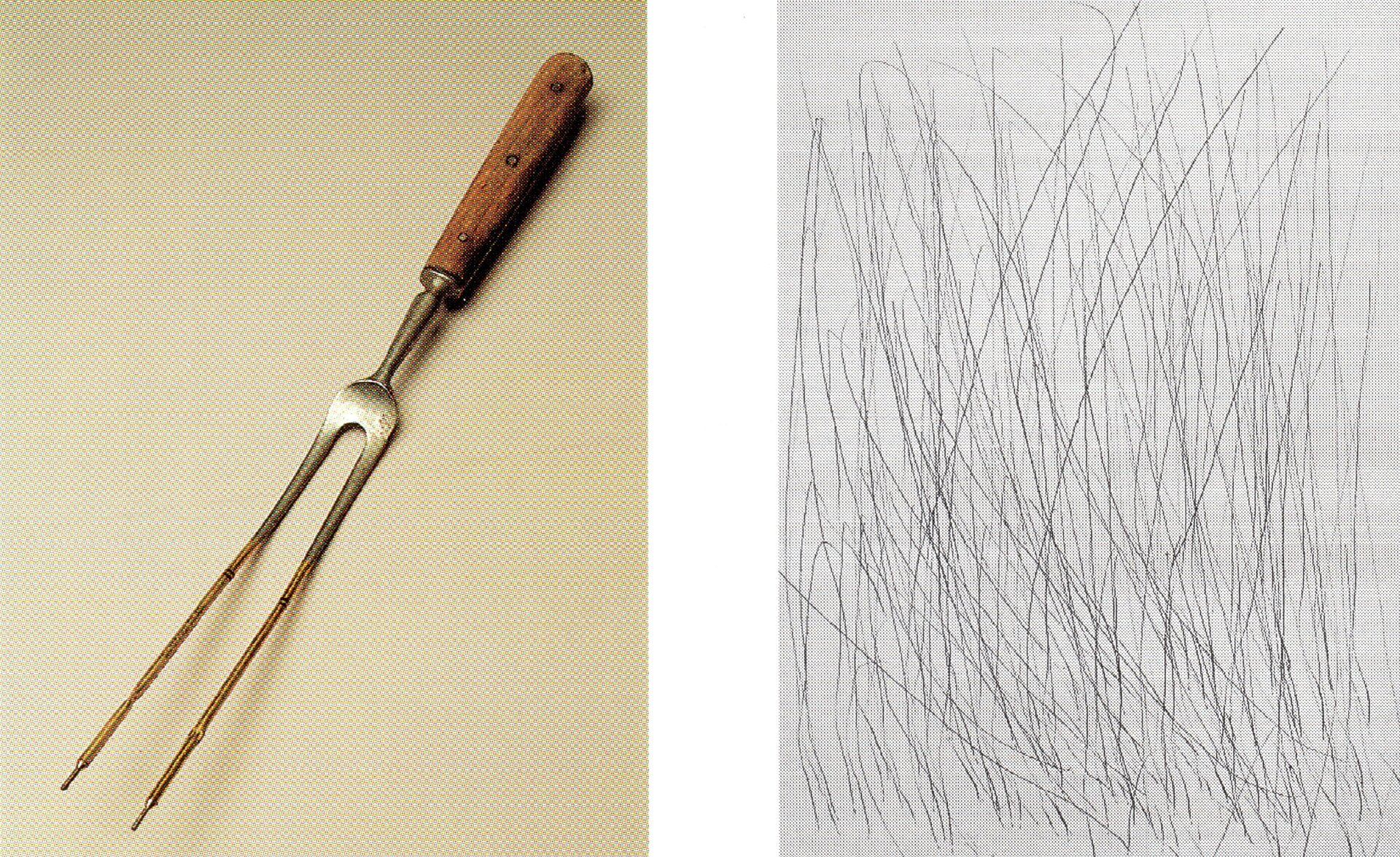 Ilustracja przedstawia nietypowe narzędzie rysunkowe. Zdjęcie po lewej stronie przedstawia kuchenny widelec - szpikulec  do mięsa, na który założone zostały rysiki ołówka. Ilustracja po prawej to kreski wykonane tym narzędziem. Kreska jest cienka, prowadzona z góry na dół.