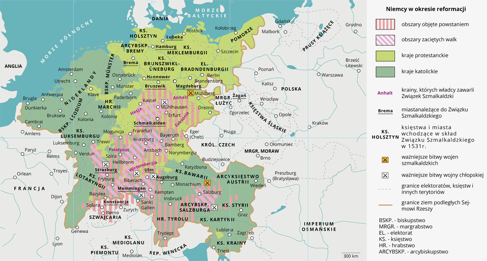 Mapa przedstawia Rzeszę Niemiecką  w okresie reformacji. Kraje katolickie zajmowały zachodnie tereny Rzeszy Niemieckiej, Brukselę, Holandię, południe Niemiec, Austrię, Słowenię, Węgry. Kraje protestanckie to teren zachodniego Pomorza, Niemiec.  Obszary objęte powstaniem: centralna i południowa część Niemiec. Obszary zaciętych walk południe Niemiec. Kraje protestanckie: pomorze Polski, północ Niemiec. Kraje katolickie: Holandia, Belgia, Luksemburg, Austria. Krainy, których władcy zawarli Związek Szmalkadzki : Hesja, Anhlat, Wirtembergia, Palatynat. Miasta należące do Związku Szmalkaldzkiego: Magdeburg, Żagań, Lubeka, Hamburg, Brema, Schmalkalden, Augsburg, Memmingen, Strasburg, Konstancja. Księstwa i miasta wchodzące w skład Związku Szmalkaldzkiego w 1531 roku : MRGR. Łużyc, Ks. Bawarii, Hr. Tyrolu, El. Brandenburgii, Ks. Maklemburgii, Ks. Holsztyn, Arcybiskup Bremy, Bskp. Munster, Bskp. Leodium, Ks. Lotaryngii. Ważniejsze bitwy wojen szmalkaldzkiego: Magdeburg, Salzburg. Ważniejsze bitwy wojny chłopskiej: Strasburg, Monachium, Muhleberg. Granice elektoratów, księstw i innych terytoriów: przebiegały pionowo przez zachodnią oraz wschodnią granicę Niemiec. Granice ziem podległych Sejmowi i Rzeszy: przez Pomorze Polski, pomijając Czechy, przez Austrię, Niemcy, Belgię.
