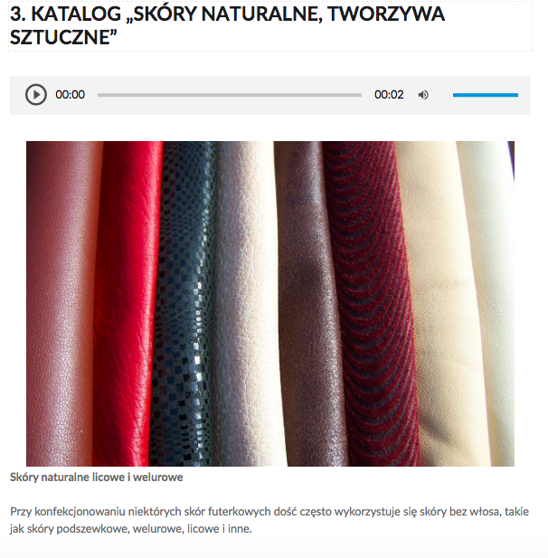 Grafika przedstawia widok na przykładowe zdjęcie w galerii. W górnej części nagłówek: Trzy. Katalog "skóry naturalne, tworzywa sztuczne". Poniżej odtwarzacz audio. Z lewej strony znajduje się ikona trójkąta wpisanego w koło. - Służy do włączenia nagrania. Obok znajduje się informacja o czasie odtworzonego fragmentu - zero minut i zero sekund. Obok jest pasek, dzięki któremu można zaznaczyć konkretny moment nagrania do otworzenia. Po prawej stronie paska znajduje się informacja o całkowitej długości nagrania - dwadzieścia dwie sekundy. W prawej części odtwarzacza znajduje się ikona głośnika służąca do wyłączenia/włączenia dźwięku oraz pasek, na którym można ustawić odpowiedni poziom głośności. Pod odtwarzaczem grafika przedstawiająca kilka kolorowych skór obok siebie.