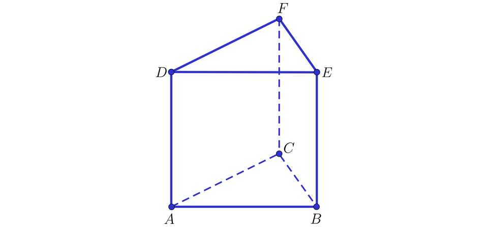 Ilustracja przedstawia graniastosłup trójkątny A B C D E F. W podstawie dolnej znajduje się trójkąt  A B C, natomiast w podstawie górnej znajduje się trójkąt D E F.