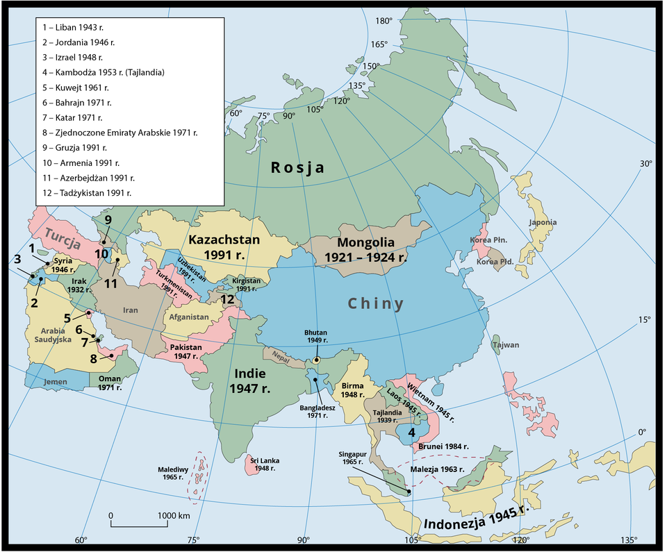 Mapa Azji przedstawia daty uzyskania niepodległości przez państwa azjatyckie. Numerami od 1 do 12 są oznaczone mniejsze państwa znajdujące się głównie na Bliskim Wschodzie. Z mapy można się dowiedzieć, że Liban uzyskał niepodległość w 1943 roku, Jordania w 1946 roku, Izrael w 1948 roku, Kambodża (współczesna Tajlandia) w 1953 roku, Kuwejt w 1961 roku, Bahrajn w 1971 roku, podobnie jak Katar oraz Zjednoczone Emiraty Arabskie. Z kolei Gruzja, Armenia, Azerbejdżan, Tadżykistan, Kirigistan, Uzbekistan, Turkmenistan oraz Kazachstan odzyskały niepodległość w 1991 roku. Pakistan uzyskał niepodległość w 1947 roku, Indie w 1947 roku, Sri Lanka w 1948 roku, Malediwy w 1965 roku, Bangladesz w 1971 roku, Birma w 1948 roku, Bhutan  w 1949 roku, Mongolia w latach 1921‑1924, Tajlandia w 1939 roku, Laos i Wietnam w 1945 roku. Brunei w 1984 roku, Malezja w 1963 roku, Indonezja w 1945 roku, a Singapur w 1965 roku.