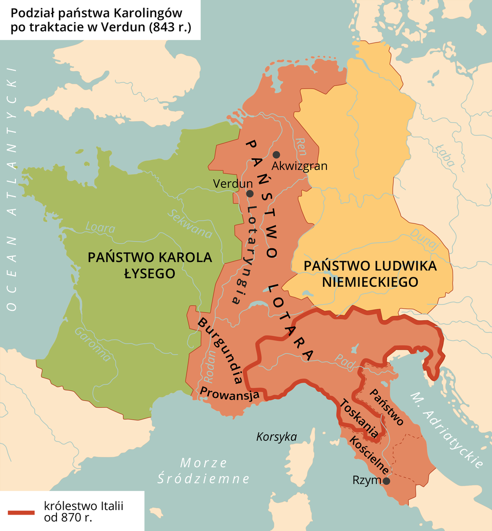 Ilustracja przedstawia mapę Europy z 843 roku. Dotyczy podziału państwa Karolingów po traktacie w Verdun. Zaznaczono na niej trzy państwa: od zachodu Państwo Karola Łysego, Państwo Lotara i wrysowany w jego południowej części powstałe w 870 roku Królestwo Italii i dalej na wschodzie Państwo Ludwika Niemieckiego.