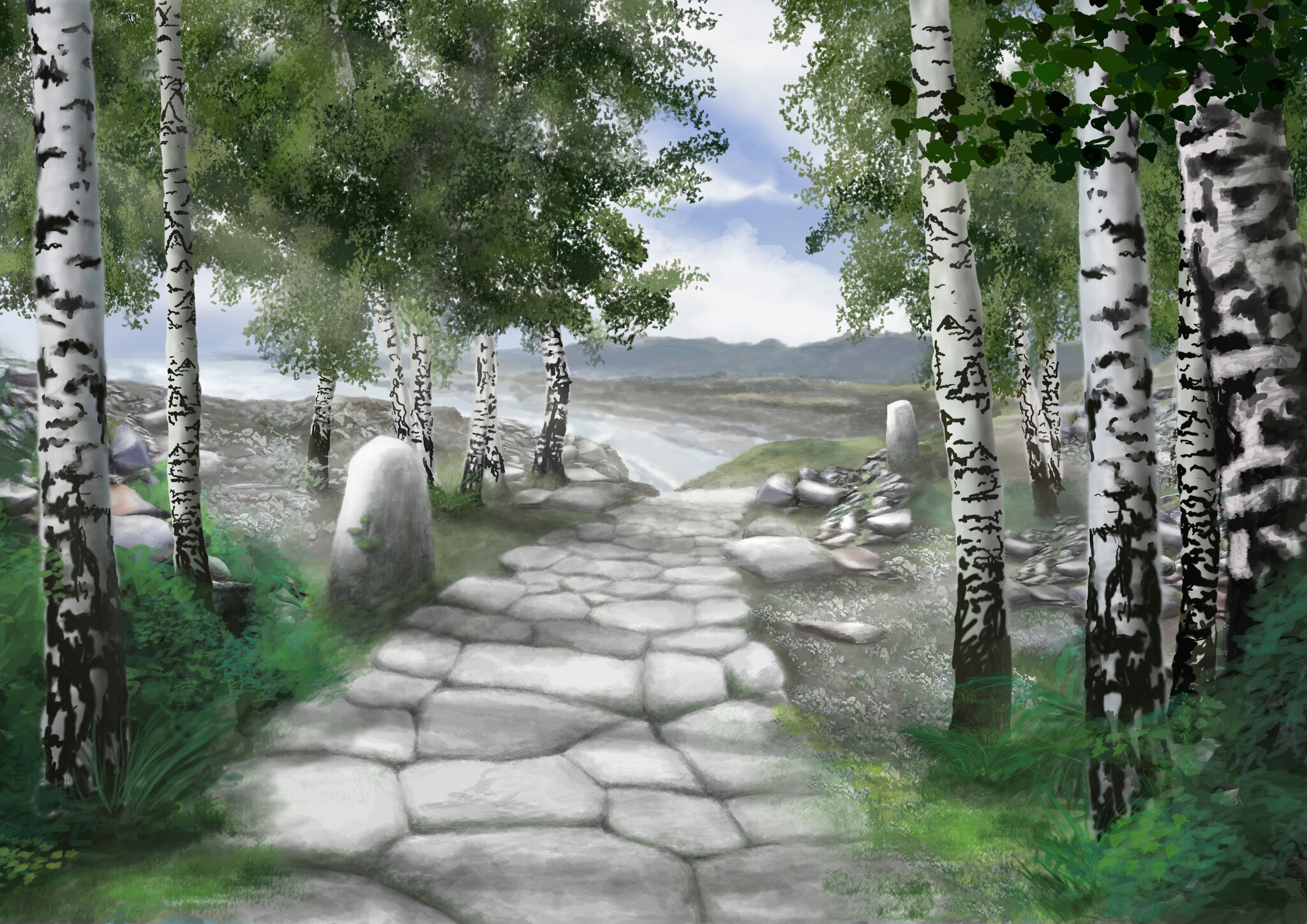 obraz przedstawia kamienną drogę pośród drzew 