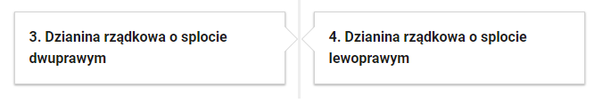 Grafika przedstawia przykładowe kafelki powiązanych ćwiczeń. W ramce po lewej stronie tekst: 3. Dzianina rządkowa o splocie dwuprawym. W ramce po prawej stronie tekst: 4. Dzianina rządkowa o splocie lewoprawym.