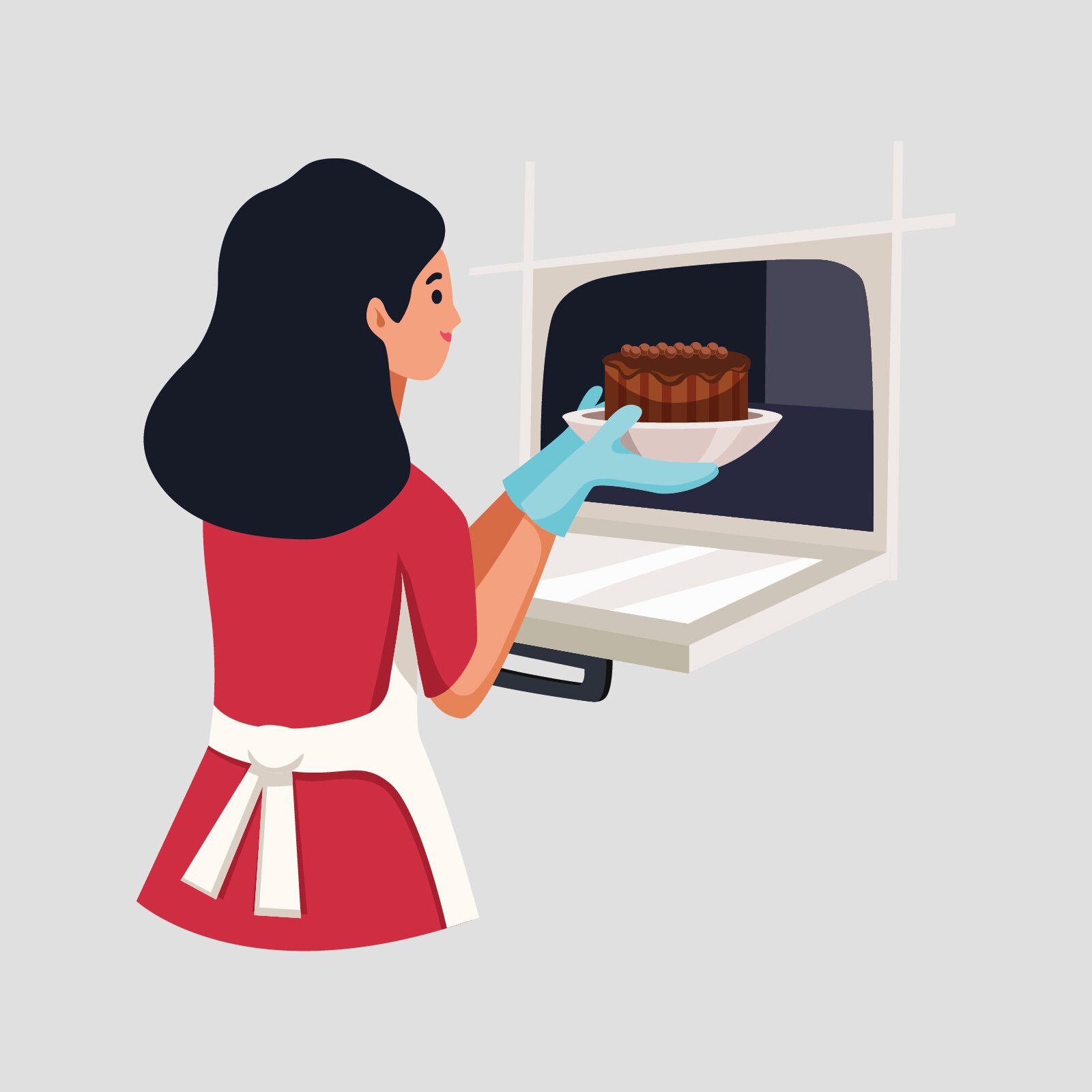 Ilustracja przedstawia kobietę wyciągającą ciasto z piekarnika. Nosi czerwoną sukienkę, fartuszek i rękawice ochronne.