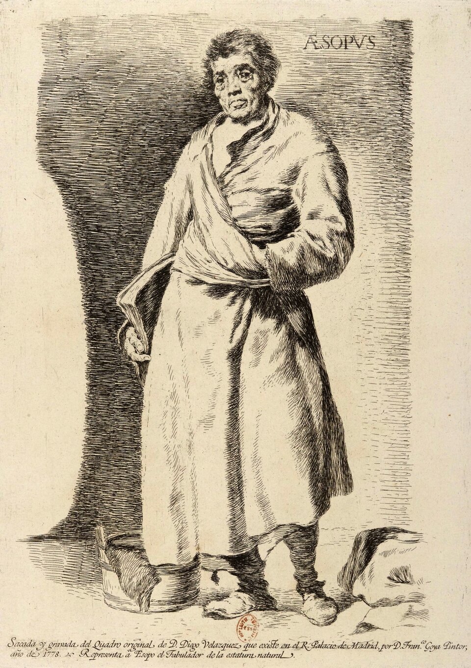 Czarno‑biały rysunek  przedstawia Ezopa z krótkimi zmierzwionymi włosami. Jest ubrany w zniszczoną szatę przewiązaną w pasie. Na nogach ma zniszczone buty. Jego twarz jest opuchnięta. Starzec trzyma w lewej ręce księgę, a prawą dłoń chowa za połę szaty. Mężczyzna stoi, uważnym wzrokiem spogląda w kierunku widza,  ma poważną minę, która nie wyraża żadnych emocji.
Po prawej stronie stoi drewniane wiadro, a po lewej leży  worek. W lewym górnym rogu obrazu jest podpis: Esopus.