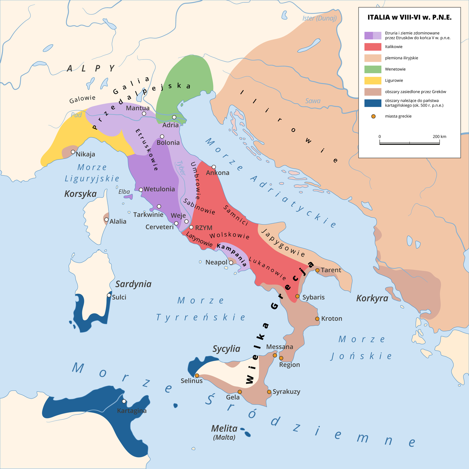 Mapa przedstawia Italię od 8 do 6 wieku przed naszą erą. Etruria to trójkątny obszar rozciągający się od miasta Bolonia na północny Półwyspu Apenińskiego do wschodniego wybrzeża Półwyspu Apenińskiego z miastami Wetulonia, Tarkwinia, Cerveteri oraz wyspą Elba. Ziemie zdominowane przez Etrusków do końca 5 wieku przed nasza erą powiększały ten trójkątny obszar, na północy docierając aż do Galii Przedalpejskiej (miasto Mantua), na wschodzie dochodząc do wybrzeża Morza Adriatyckiego, a na południu wyznaczając granicę w mieście Weje, tuż przy Rzymie. Do ziem zdominowanych przez Etrusków do końca 5 wieku przed nasza erą należał także niewielki obszar położony nad Morzem Tyrreńskim, wokół miasta Neapol (bez samego Neapolu).  Italikowie (Samnici, Latynowie, Wolskowie, Lukanowie, Sabinowie, Umbrowie) zajmowali obszar od środkowej do południowej części Półwyspu Apenińskiego z miastami: Ankona, Rzym.  Plemiona Iliryjskie zajmowały ziemie leżące na wschód od wybrzeża Morza Adriatyckiego oraz wąski pas ziemi na południowym wschodzie Półwyspu Apenińskiego. Wenetowie zajmowali teren północnego Wybrzeża Morza Adriatyckiego, Ligurowie natomiast północne wybrzeże Morza Liguryjskiego bez nadmorskiego miasta Nikaja. Obszary zasiedlone przez Greków to okolice miasta Nikaja (na północnym wybrzeżu Morza Liguryjskiego), miasto Alalia na Korsyce, miasto Neapol na północnym wybrzeżu Morza Tyrreńskiego, południowy zachód Półwyspu Apenińskiego (z miastami Tarent, Sybaris, Kroton, Region), północne, wschodnie i południowe wybrzeże Sycylii (miasta Messana, Syrakuzy, Gela, Selinius) oraz fragment ziem na północnym wybrzeżu Morza Jońskiego wraz z wyspą Karkyrą. Obszary należące do państwa kartagińskiego (ok. 500 roku przed naszą erą), to południowe wybrzeże Sardynii, wschodnie wybrzeże Sycylii, oraz północno‑wschodnie wybrzeże Afryki z miastem Kartagina i wyspa Malta. 