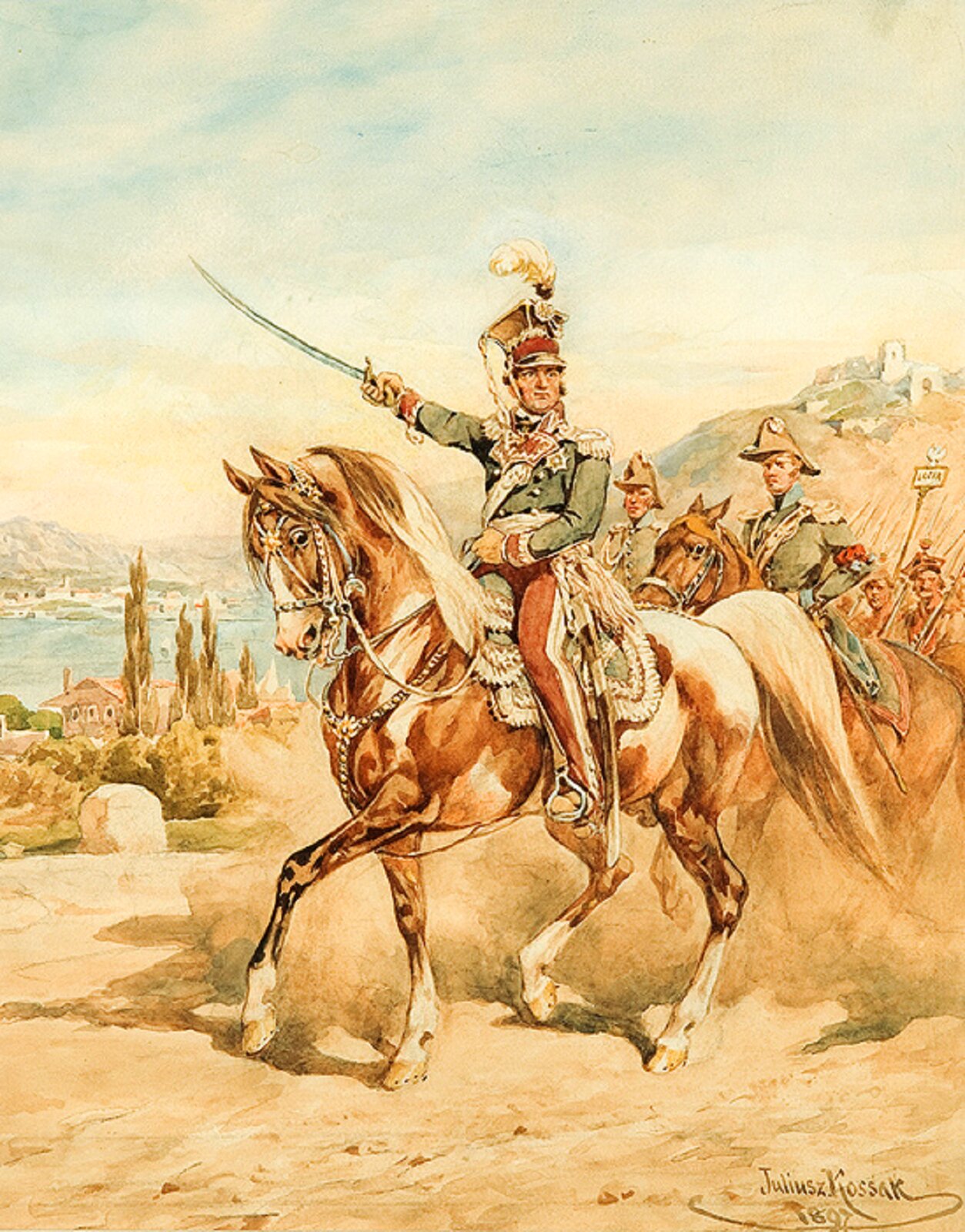 Ilustracja przedstawia obraz „Generał Jan Henryk Dąbrowski na czele Legionów”, autorstwa Juliusza Kossakowskiego. Generał w mundurze i wysokiej czapce rogatywce siedzi na białym koniu w czarne łaty. Prawą ręką wskazuje kierunek. Za nim widać wojska na koniach i piechotę.