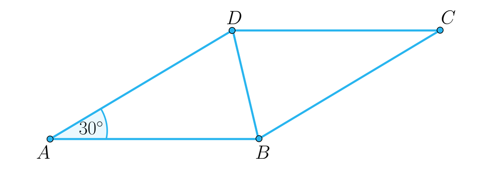 Rysunek przedstawia równoległobok. Wierzchołki równoległoboku są podpisane literami: A, B, C, D. Dolna podstawa równoległoboku to AB. Górna podstawa to DC. Odcinek DB dzieli równoległobok na 2 trójkąty. Kąt ostry pomiędzy podstawą AB  równoległoboku a  jego bokiem AD to 30 stopni. 