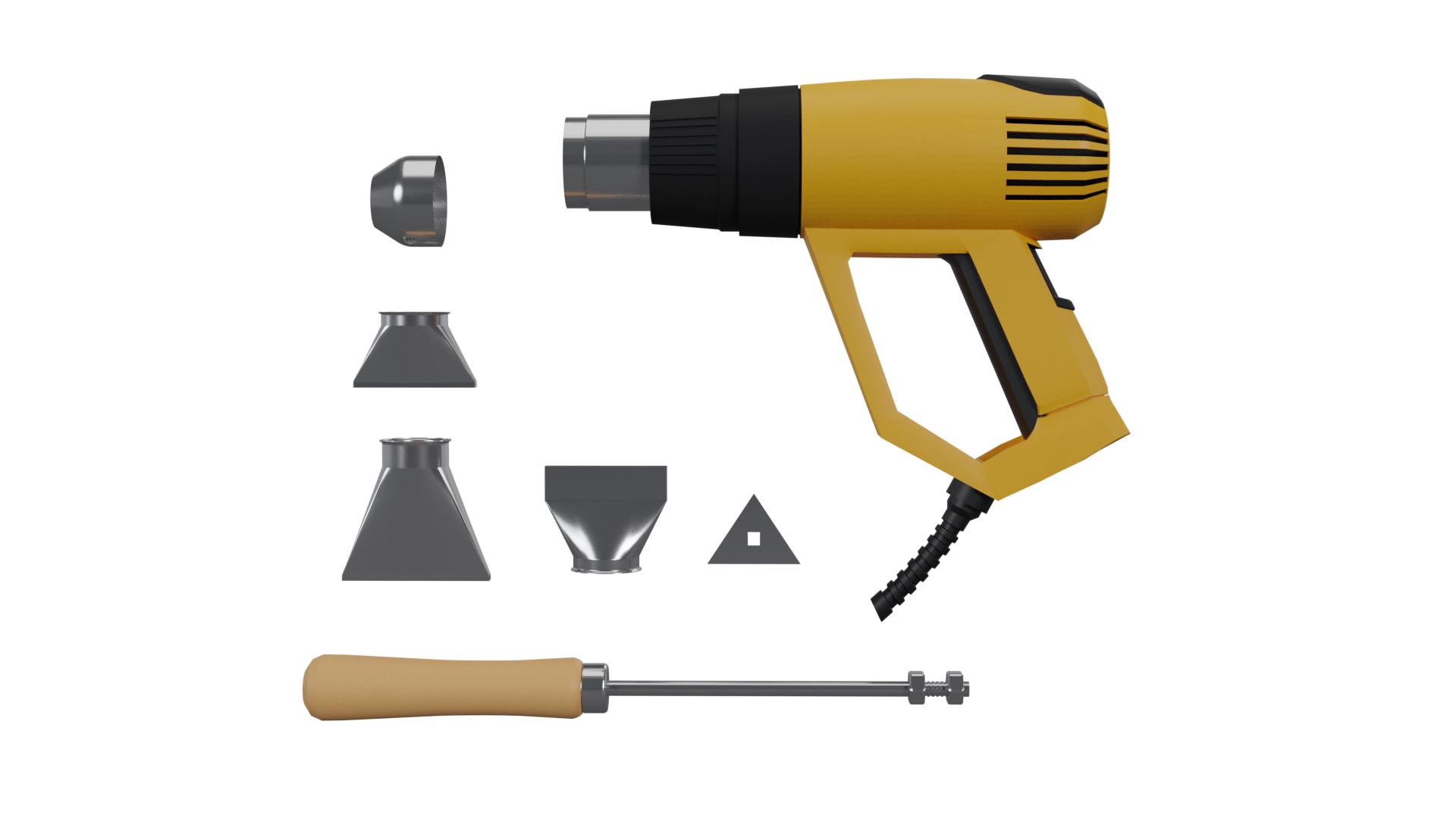 Na grafice przedstawiona opalarka elektryczna. Jest to urządzenie podobne do suszarki z wymiennymi końcówkami.
