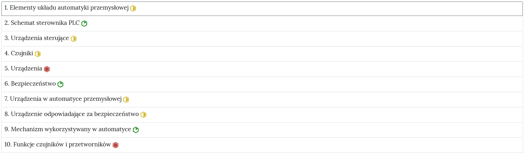 Grafika przedstawia przykładowy widok zakładek zawierających interaktywne materiały sprawdzające. Zakładki, ułożone w rzędzie jedna pod drugą, zostały opatrzone numerami oraz tytułami. Po prawej stronie od tytułów mieszczą się oznaczenia w postaci okręgów: zielonych, żółtych oraz czerwonych.