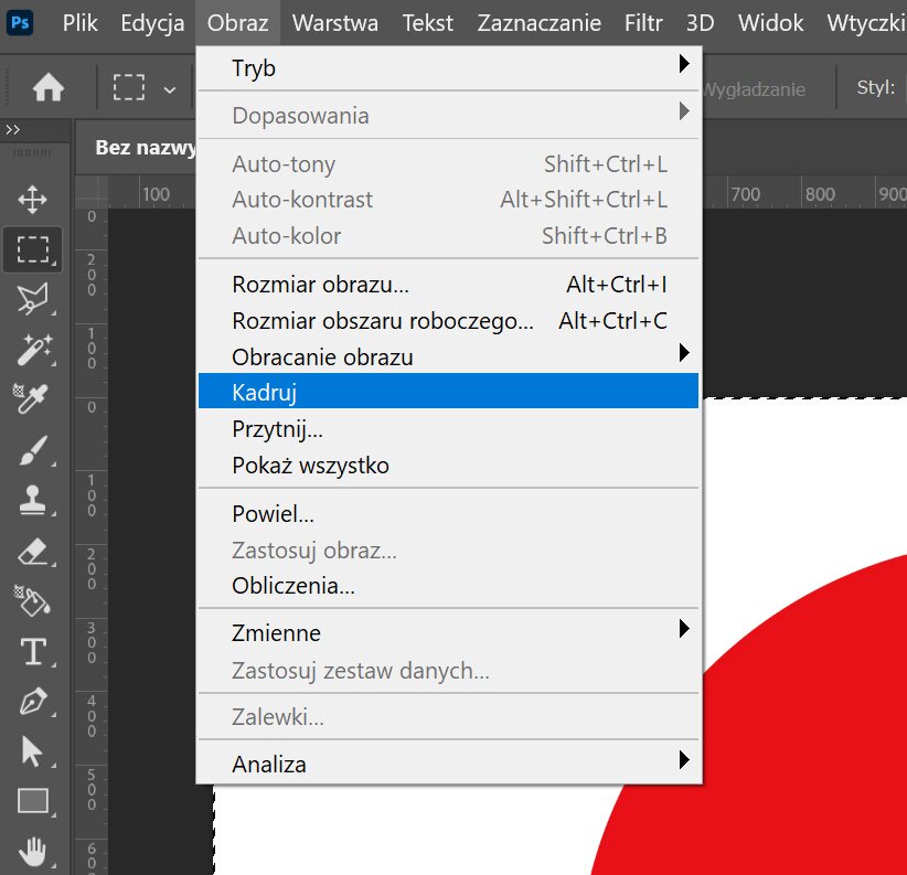 Grafika przedstawia kadrowanie w programie Adobe Photoshop. Widoczny jest zrzut ekranu programu, z menu górnym oraz menu roboczym otwartym w oknie roboczym programu z obrabianą grafiką z wycinkiem czerwonego koła. Pośrodku widoczny jest szary prostokąt z otwartą listą funkcji i narzędzi programu.