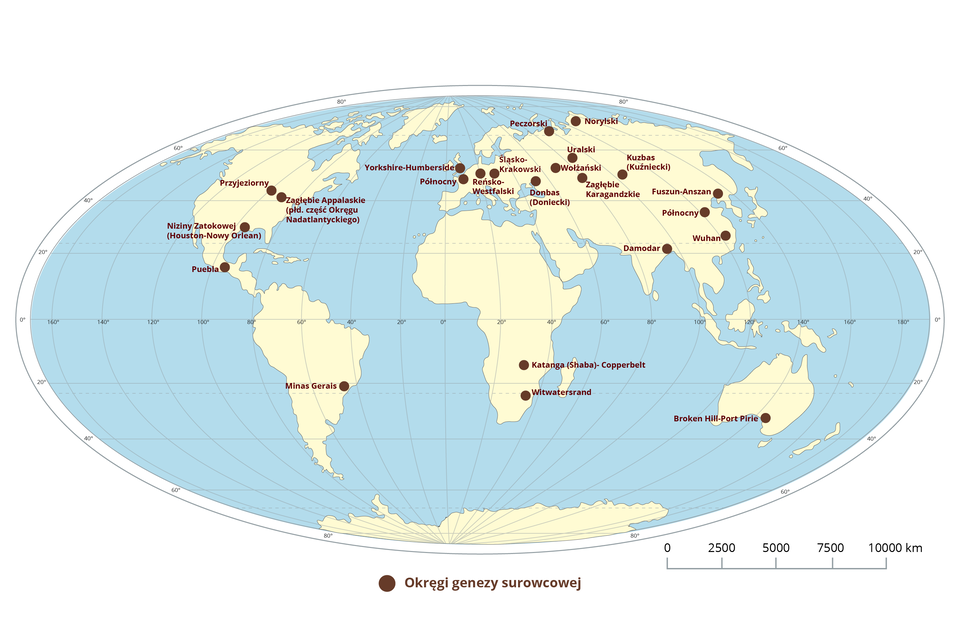 Na mapie świata zaznaczono okręgi przemysłowe genezy surowcowej. Ameryka Północna: Przyjeziorny, Zagłębie Appalaskie (południowa część Okręgu Nadatlantyckiego), Nizinny Zatokowy (Houston - Nowy Orlean), Puebla. Ameryka Południowa Minas Gerais. Europa i Azja: Yorkshire - Humberside, Północny, Śląsko‑Krakowski, Reńsko‑Westfalski, Peczorski, Donbas (Doniecki), Uralski, Wołżański, Norylski, Zagłębie Karagandzkie, Kuzbas (Kuźniecki), Damodar, Fuszun‑Anszan, Północny (w Chinach), Wuhan. Australia: Broken Hill-Port Pirie. Afryka: Katanga (Shaba - Copperbeit, Witwatersrand.
