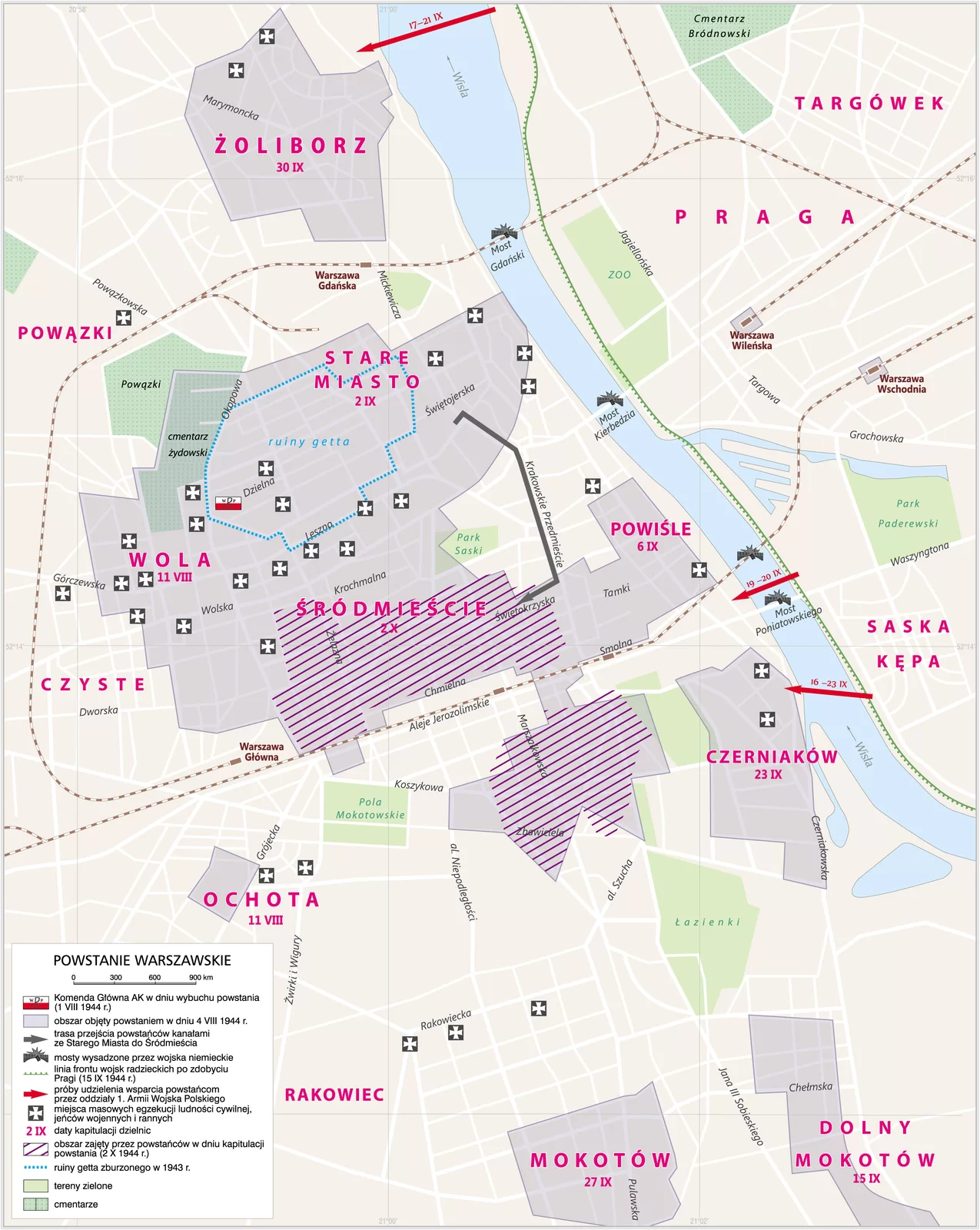 Kliknij, aby powiększyć. Na ilustracji mapa przedstawiająca przebieg Powstania warszawskiego