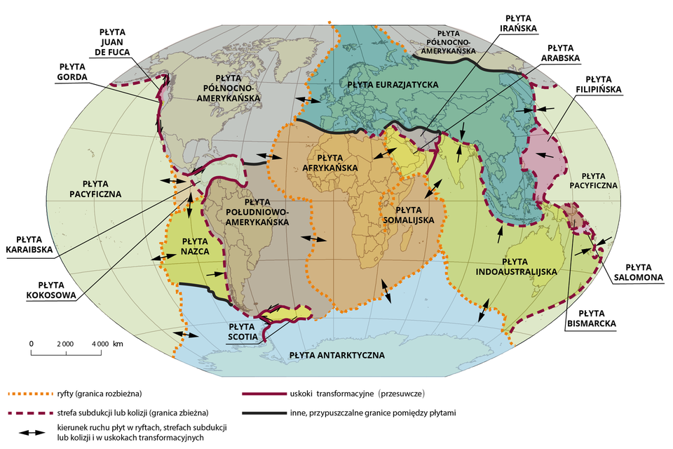  Na owalnej mapie świata zaznaczono płyty tektoniczne. Na dole, kolorem błękitnym zaznaczono Płytę Antarktyczną obejmującą kontynent Antarktyki i część oceanu wokół niej. Po jej lewej stronie żółtymi kropkami zaznaczono ryft oddzielający ją od Płyty Pacyficznej koloru jasnofioletowego, obejmującej teren Oceanu Spokojnego. Na ryfcie znajdują się strzałki obrazujące kierunek rozejścia się płyt do zewnątrz. Do Płyty Pacyficznej i Antarktycznej przylega Płyta Nazca  zaznaczona żółtozielonym kolorem. Obejmuje ona teren zachodniego brzegu Ameryki Południowej. Nad nią znajdują się dwie mniejsze płyty. Płyta Kokosowa koloru różowego i Płyta Karaibska koloru błękitnego. Obejmują one tereny wokół Ameryki Środkowej. Wzdłuż zachodniego brzegu Ameryki Południowej znajduje się strefa subdukcji lub kolizji, zaznaczona fioletową, przerywaną linią. Na niej znajdują się strzałki w prawą stronę, ukazujące ruchy płyt. Za strefą zaznaczoną przerywaną fioletową linią znajduje się Płyta Południowo‑Amerykańska, zaznaczona kolorem fioletowym. Obejmuje teren Ameryki Południowej i południowo‑zachodniej części Atlantyku. Pomiędzy nią, a Płytą Antarktyczną znajduje się niewielka Płyta Scotia 
 zaznaczona kolorem żółtym. Powyżej Płyty Południowo‑Amerykańskiej znajduje się Płyta Północno‑Amerykańska zaznaczona kolorem ciemnofioletowym. Obejmuje ona tereny Północnej Ameryki, Północnej części Rosji i północno‑zachodniego Atlantyku. Płytę Północno‑Amerykańską od Płyty Pacyficznej rozdzielają uskoki transformacyjne, zaznaczone długą ciemnofioletową linią. W okolicy granicy Stanów Zjednoczonych i Kanady, po jej zachodniej stronie zostały zaznaczone płyty: Gorda i Juana de Fucana. Po wschodniej strony Płyty Północno‑Amerykańskiej znajdują się ryfty z zaznaczonymi kierunkami ruchów płyt. Za ryftem znajduje się płyta Euroazjatycka zaznaczona kolorem niebieskim. Obejmuje ona tereny Europy i całej Azji, wyłączając Indie, bliski Wschód i północ Rosji. Na południu od Płyty Euroazjatyckiej znajduje się płyta Afrykańska zaznaczona kolorem pomarańczowym. Na wschodzie jej częścią jest Płyta Somalijska. Płyta Afrykańska obejmuje swoim zasięgiem teren Afryki, południowo‑wschodniego Atlantyku i zachodnią część Oceanu Indyjskiego. Od innych płyt, Płyta Afrykańska oddzielona jest ryftami, na których są strzałki wskazujące ruchy płyt do zewnątrz. Na północnym wschodzie od Afryki zaznaczona jest kolorem żółtym płyta Arabska, obejmująca zasięgiem większą część Bliskiego Wschodu, od Arabii Saudyjskiej po Turcję. Między Płytą Arabską, a Euroazjatycką znajduje się niewielka płyta Irańska, obejmująca tereny Iranu i Iraku, zaznaczona na mapie kolorem fioletowym. Płyta Afrykańska od wschodu, ryftem, graniczy z Płytą Indoaustralijską, zaznaczoną kolorem zielonożółtym. Obejmuje ona tereny Indii, Oceanu Indyjskiego i Australii. Pomiędzy północno‑wschodnią częścią Płyty Indoaustralijskiej, a Płytą Pacyficzną, znajdują się Płyta Bismarcka zaznaczona na purpurowo i niewielka Płyta Salomona zaznaczona na fioletowo. Pomiędzy płytami Euroazjatycką, a Pacyficzną wydzielona strefami subdukcji lub kolizji została Płyta Filipińska, zaznaczona na mapie kolorem różowym. Obejmuje część Filipin i Pacyfiku.