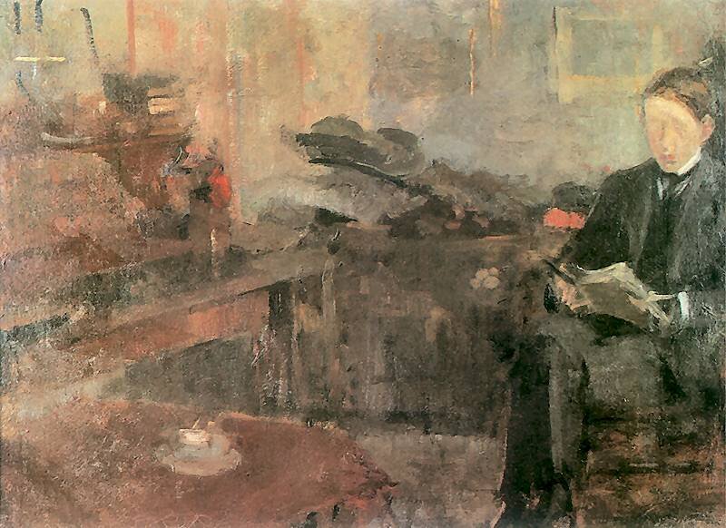 Obraz przedstawia scenę we wnętrzu o nastrojowym, impresjonistycznym charakterze. Widać na nim mężczyznę ubranego w ciemny strój, który siedzi na krześle i czyta gazetę. Jego postać jest nieco rozmyta. Twarz jest ledwo zaznaczona. Wnętrze wydaje się zanurzone w półmroku, a miękkie światło delikatnie przenika przez pomieszczenie. Po lewej stronie znajduje się drewniany stół, na którym stoi filiżanka. W tle widoczne są półki z książkami, stolik i inne elementy umeblowania, które rozmywają się w plamach kolorystycznych, nadając scenie ulotny, impresjonistyczny charakter. Kolorystyka obrazu utrzymana jest w przygaszonych, ciepłych tonach – dominują beże, brązy i szarości. 