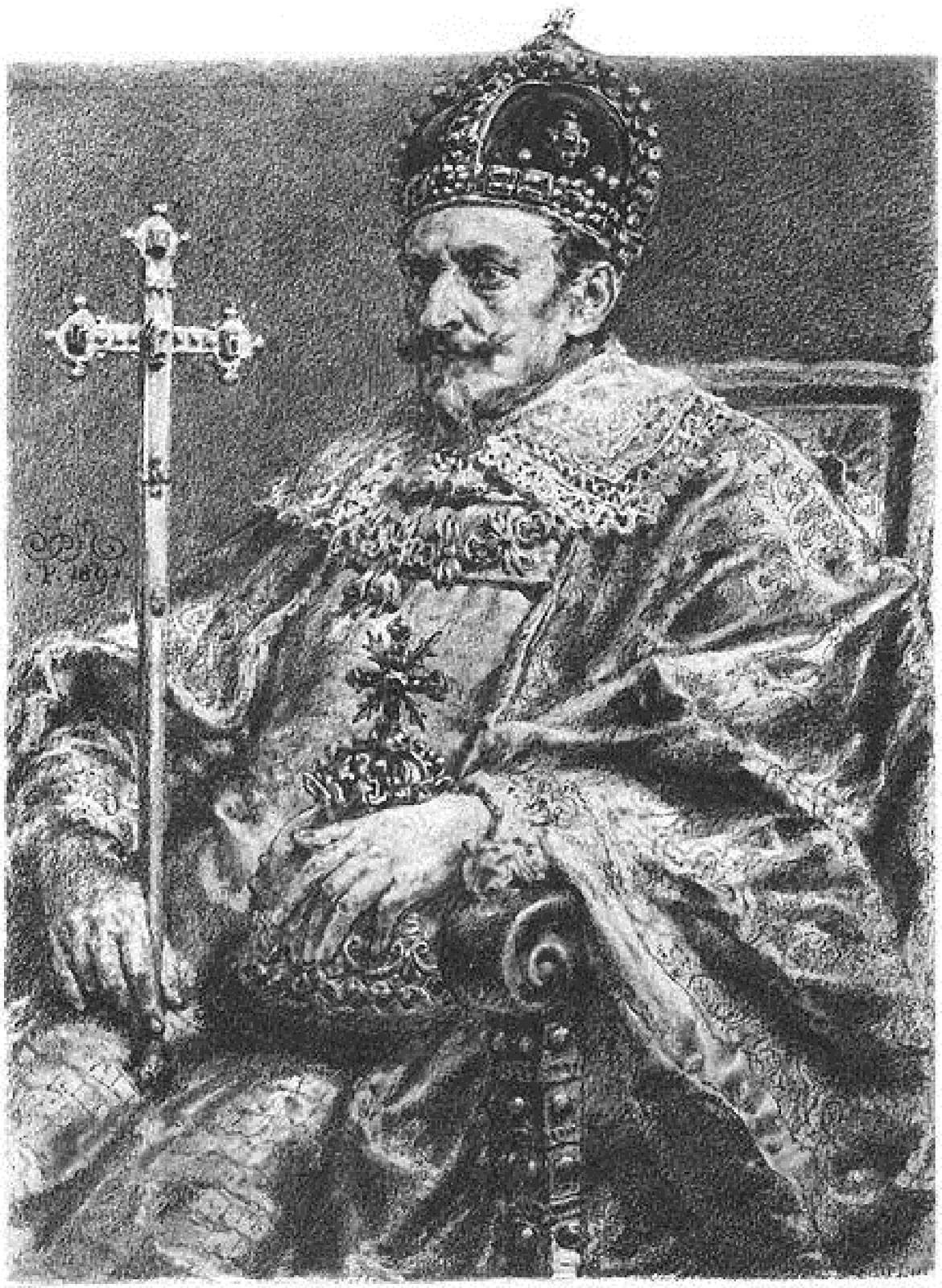 Ilustracja przedstawia obraz Jana Matejko pod tytułem Zygmunt III Waza. Władca siedzi na tronie. W prawej ręce trzyma berło w kształcie krzyża, lewą opiera na jabłku królewskim. Na głowie ma koronę.