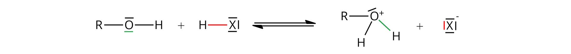 Ilustracja przedstawia następujące równanie: cząsteczka ROH, w której atom tlenu posiada dwie wolne pary elektronowe, reaguje z cząsteczką HX, w której X posiada trzy wolne pary elektronowe. Po prawej stronie znajdują się dwie poziome strzałki, górna skierowana w prawo, dolna w lewo. Dalej cząsteczka ROH2, w której atom tlenu ma jedną wolną parę elektronową i posiada ładunek dodatni po prawej stronie plus X-, który posiada cztery wolne pary elektronowe.