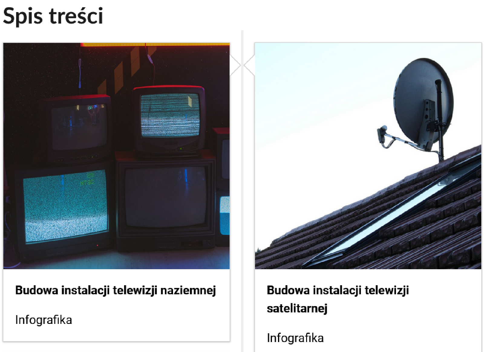 Grafika przedstawia dwa kafelki ze spisu treści. Są umiejscowione obok siebie. Pierwszy od lewej: Zdjęcie okładkowe przedstawiające monitory, poniżej napis: Budowa instalacji telewizji naziemnej. Niżej napis: Infografika. Drugi: zdjęcie okładkowe przedstawiające antenę satelitarną, poniżej tytuł: Budowa instalacji telewizji satelitarnej. Niżej: Infografika.