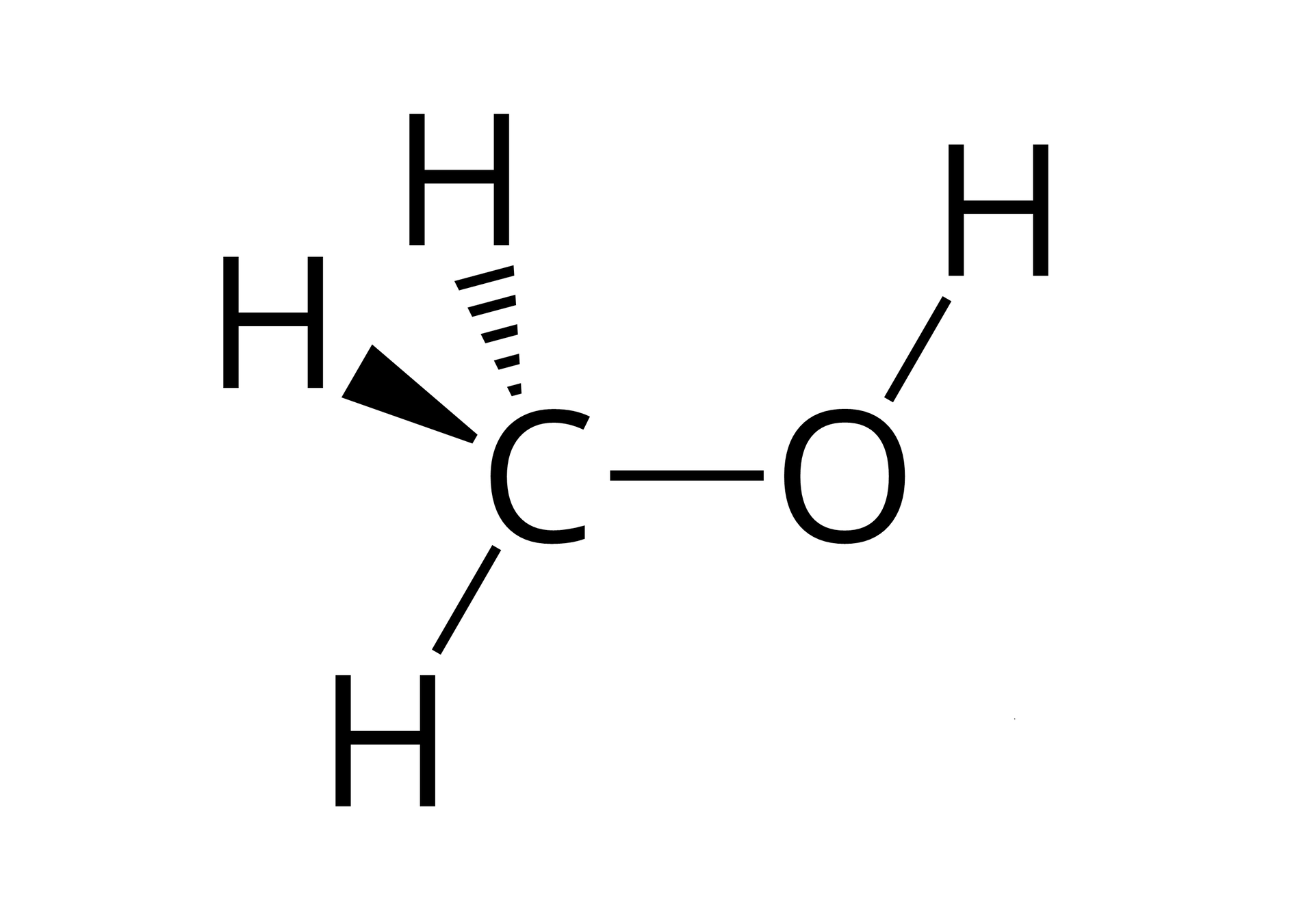 Na ilustracji jest wzór strukturalny, przestrzenny metanolu. Wzór zawiera atom węgla, który łączy się z trzema atomami wodoru i z atomem tlenu. Atom tlenu łączy się z atomem wodoru.  