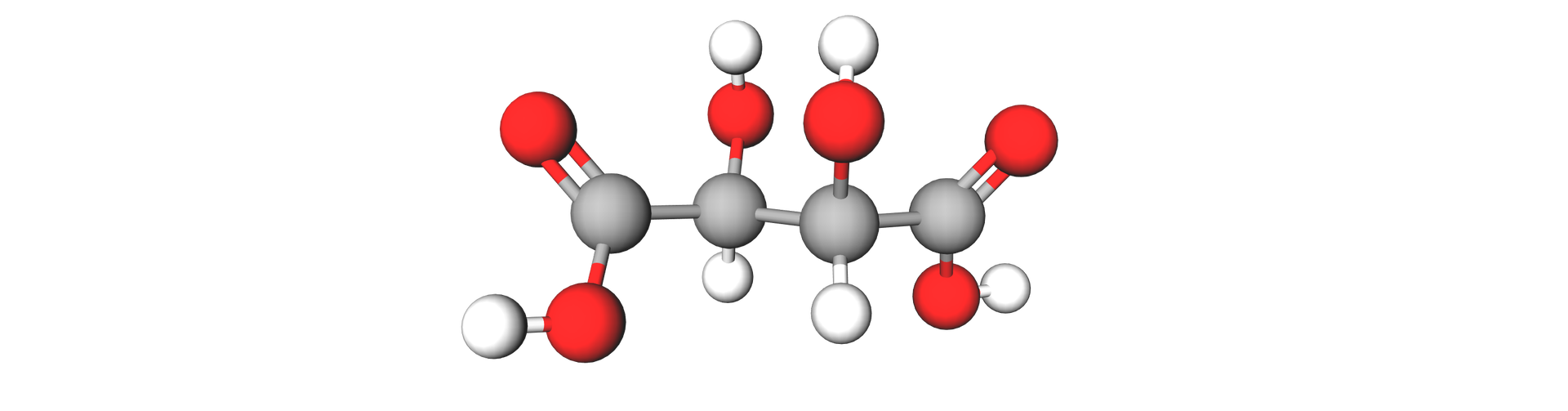 Na ilustracji jest model kwasu winowego. Cztery szare kulki tworzą poziomy łańcuch główny. Szara kulka po lewej stronie łączy się na górze wiązaniem podwójnym z czerwoną kulką, a na dole z czerwoną kulką, która łączy się z białą kulką. Każda z kolejnych dwóch szarych kulek łączy się na górze z czerwoną kulką, która łączy się z białą kulką, a na dole z białą kulką. Szara kulka po prawej stronie, ostatnia, łączy się na górze wiązaniem podwójnym z czerwoną kulką, a na dole z czerwoną kulką, która łączy się z białą kulką.   