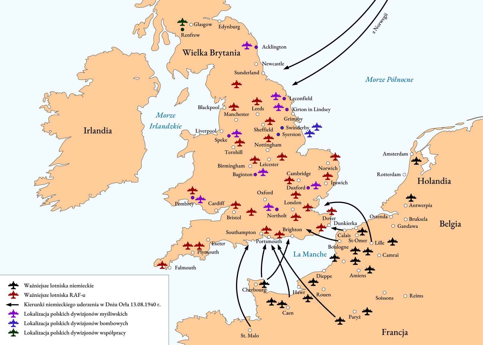 Mapa przedstawiająca bitwę o Anglię.