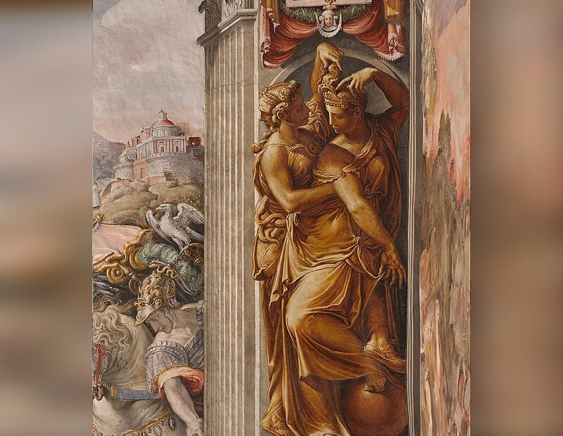 Obraz przedstawia dwie kobiety stojące obok siebie. Są one w antycznych strojach. jedna z kobiet, stojąc za drugą, chwyta ją za włosy. Ta odwraca twarz w jej kierunku. Na drugim planie znajduje się jadący konno żołnierz, wzgórze i pałac.