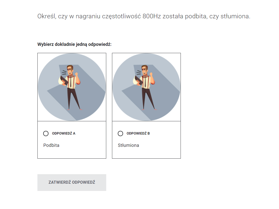 Grafika przedstawia panel gry z pytaniem sprawdzającym, opcjami odpowiedzi do wyboru oraz przyciskiem zatwierdzenia odpowiedzi.