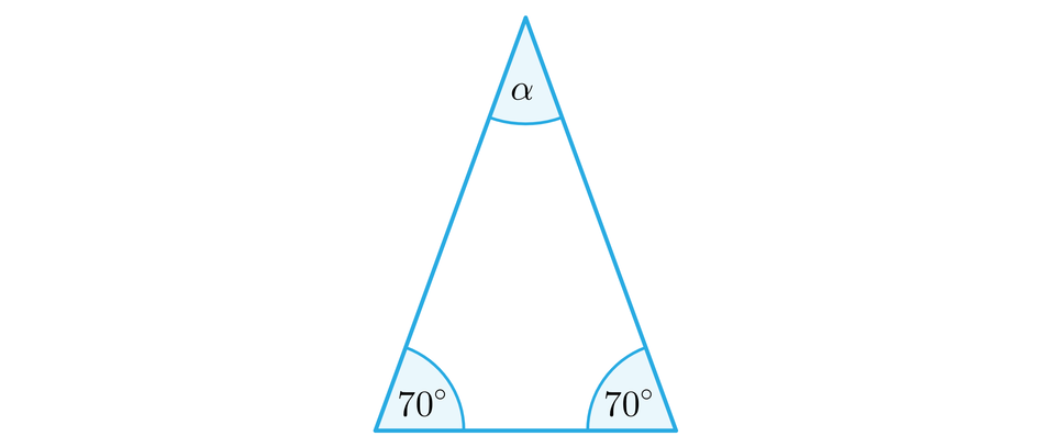  Ilustracja przedstawia trójkąt, w którym każdy z dwóch kątów przy podstawie ma miarę 70 stopni, a kąt między ramionami podpisano literą alfa.