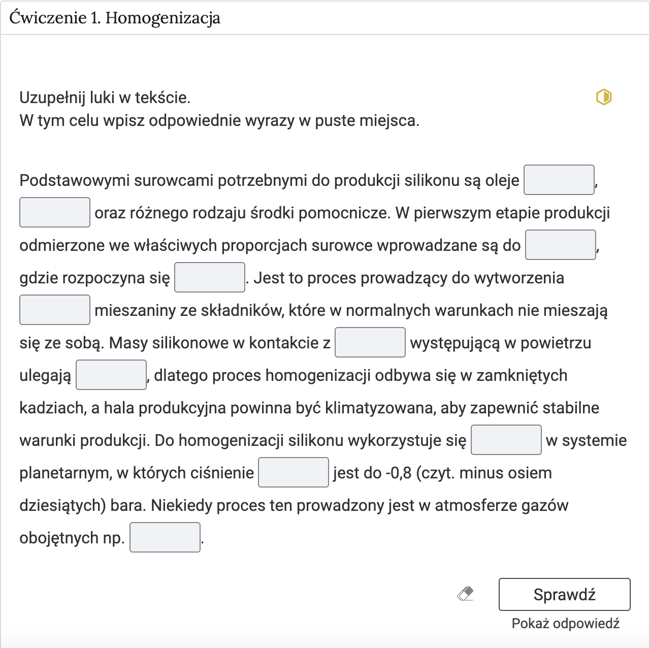 Ilustracja pytania przykładowe ćwiczenie polegające na uzupełnienie luk w tekście. 