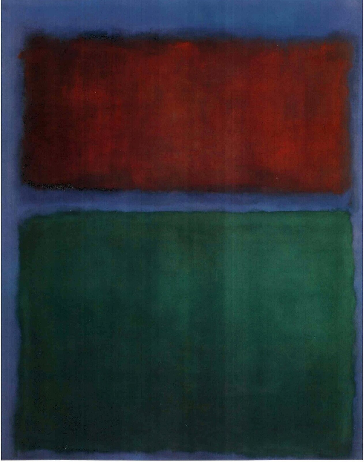 Ilustracja przedstawia obraz Marka Rothko, „Ziemia i zieleń”. Są to dwa prostokąty umieszczone jeden pod drugim. Górny jest w kolorze czerwonym, a dolny ciemnym zielonym. Kolory nie są jaskrawe, a wyglądają na zabrudzone. Każdy z prostokątów ma nieregularną ramkę w kolorze niebieskim.