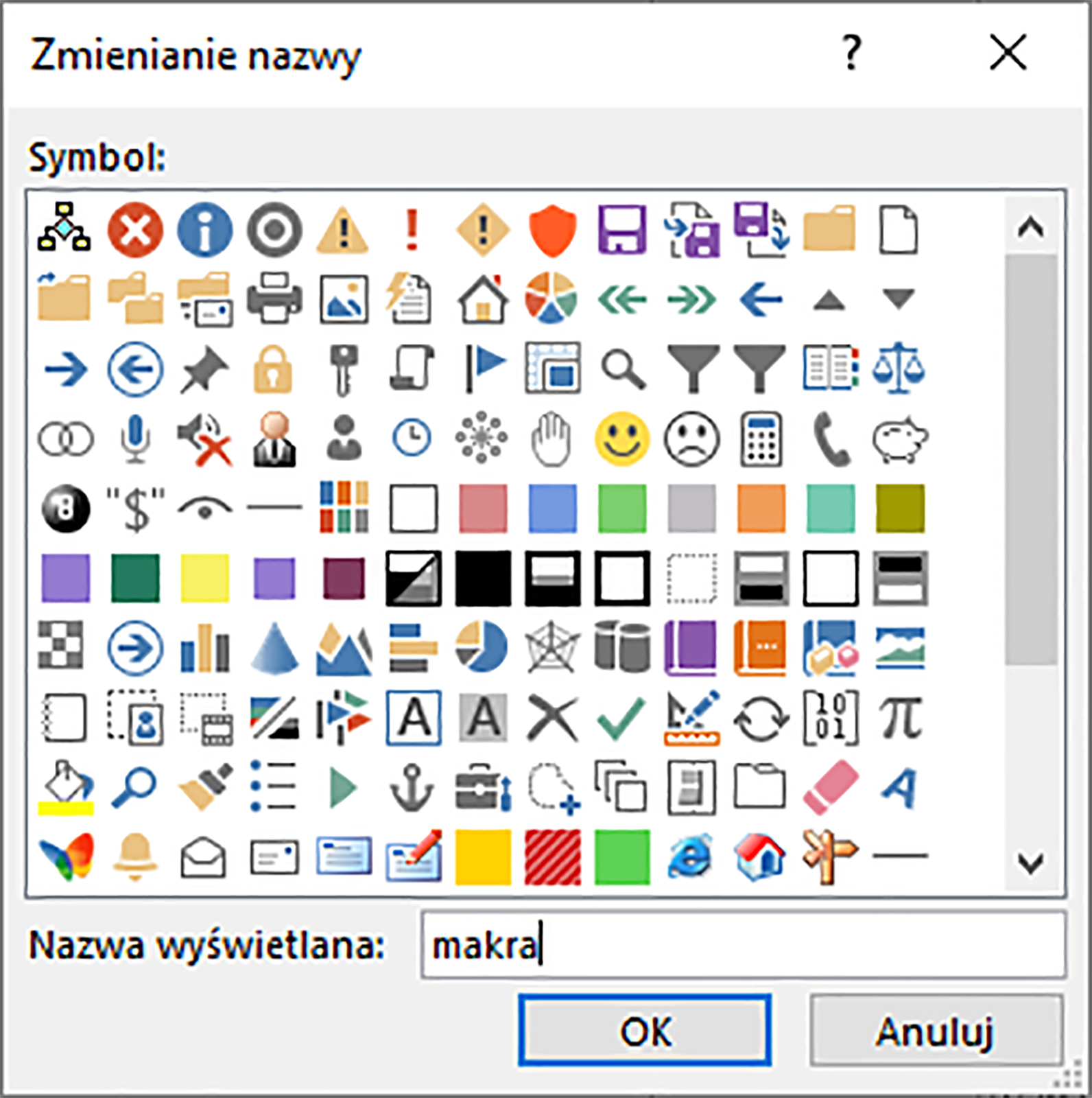 Zrzut ekranu przedstawia okno: Zmienianie nazwy.  Znajduje się w nim sekcja Symbol, która umożliwia wybranie symbolu dla przycisku.  Poniżej znajduje się pole Nazwa wyświetlana z  wpisaną nazwą makra.  Okno posiada takie przyciski jak Ok oraz anuluj.