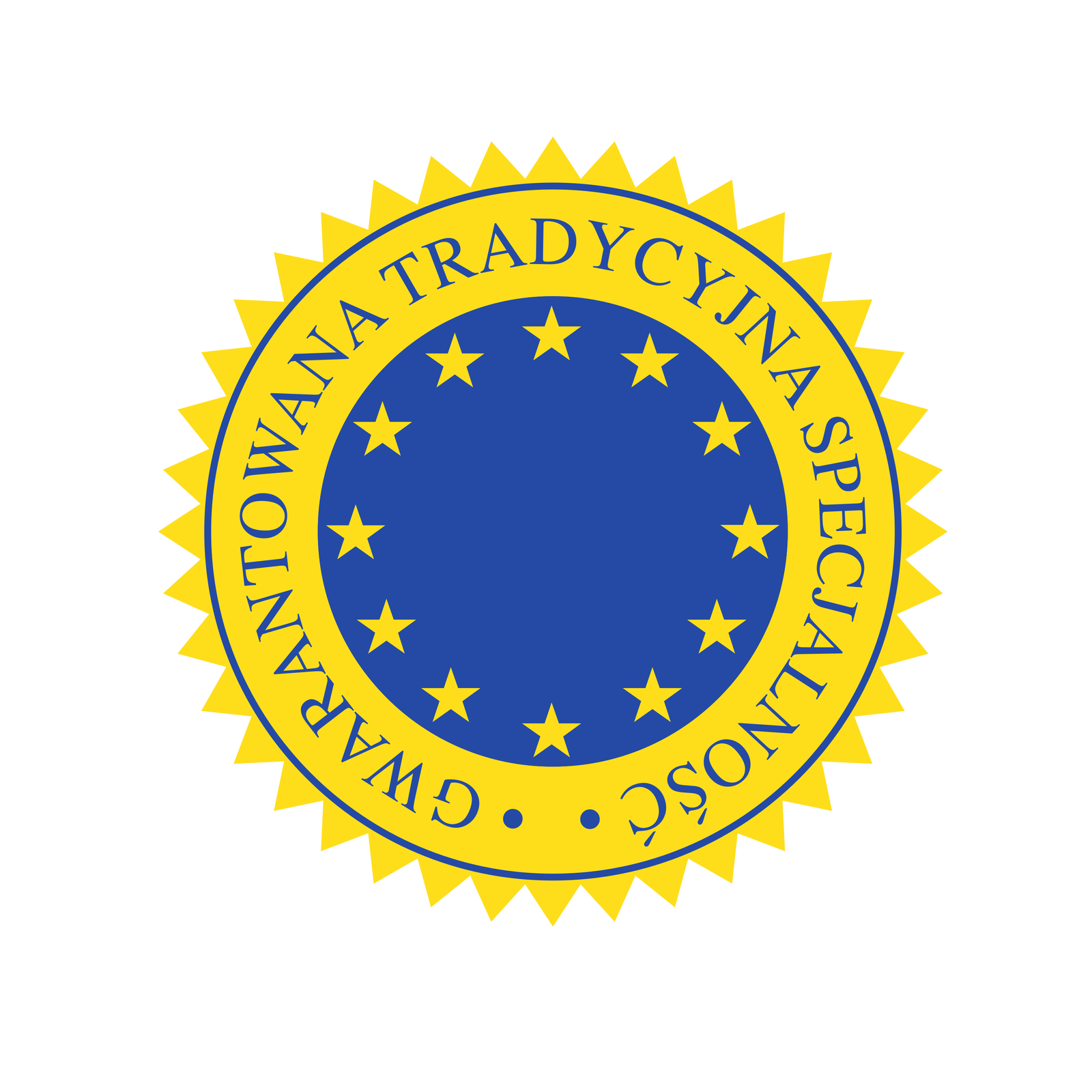 Grafika przedstawiająca znak „Gwarantowana tradycyjna specjalność”. Znak ten ma kształt okręgu, na którego obwodzie umieszczone złote trójkąty. Przypominają one promienie słoneczne. Wnętrze znaku to błękitny okrąg otoczony złotą obwódką. Centralna część znaku przypomina flagę Unii Europejskiej, ponieważ na tle błękitnego okręgu umieszczono dwanaście złotych gwiazd. Na tle złotej obwódki umieszczono natomiast napis: Gwarantowana tradycyjna specjalność. 