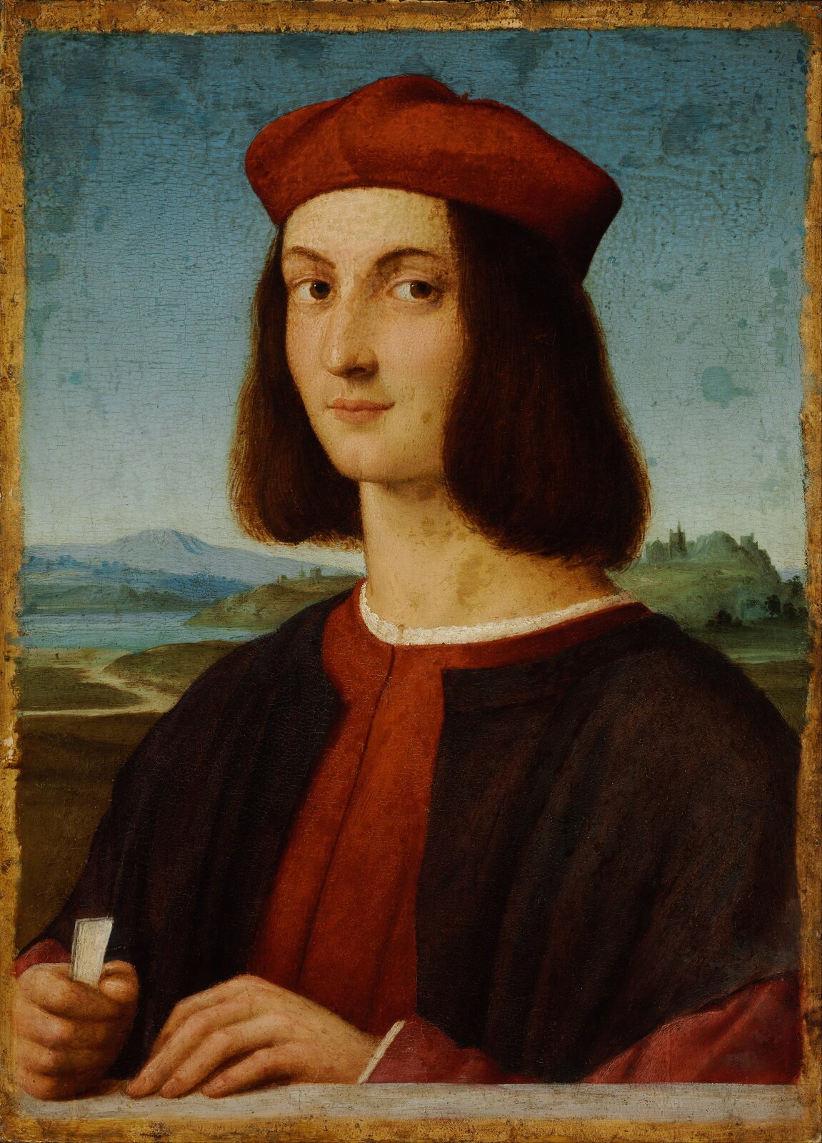 lustracja przedstawia „Portret Pietra Bembo” Rafaela Santiego. Mężczyzna na czerwone nakrycie głowy, ubrany jest z czerwony strój i ciemnobordową narzutę, Dłonie oparte ma na parapecie , w prawej trzyma zwiniętą kartkę. Tło wypełnia niski pejzaż z krętą drogą i górami.