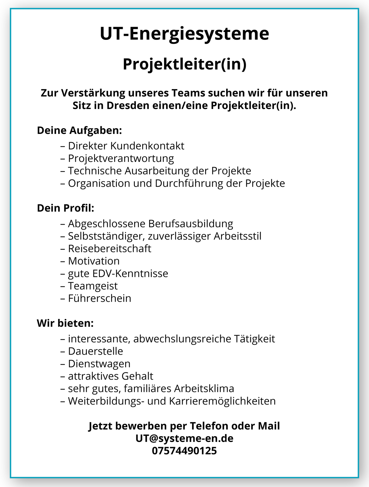 Ilustracja przedstawia ogłoszenie o pracę zatytułowane UT‑Energiesysteme. Transkrypcja dostępna jest poniżej.