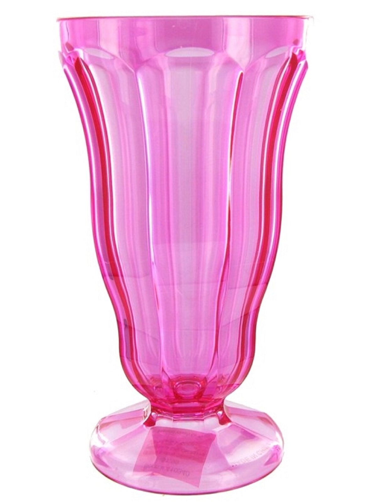 Grafika przedstawia szklane, podłużne, rozszerzające się naczynie na nóżce w formie pucharka. Jest ono zabarwione na kolor różowy.