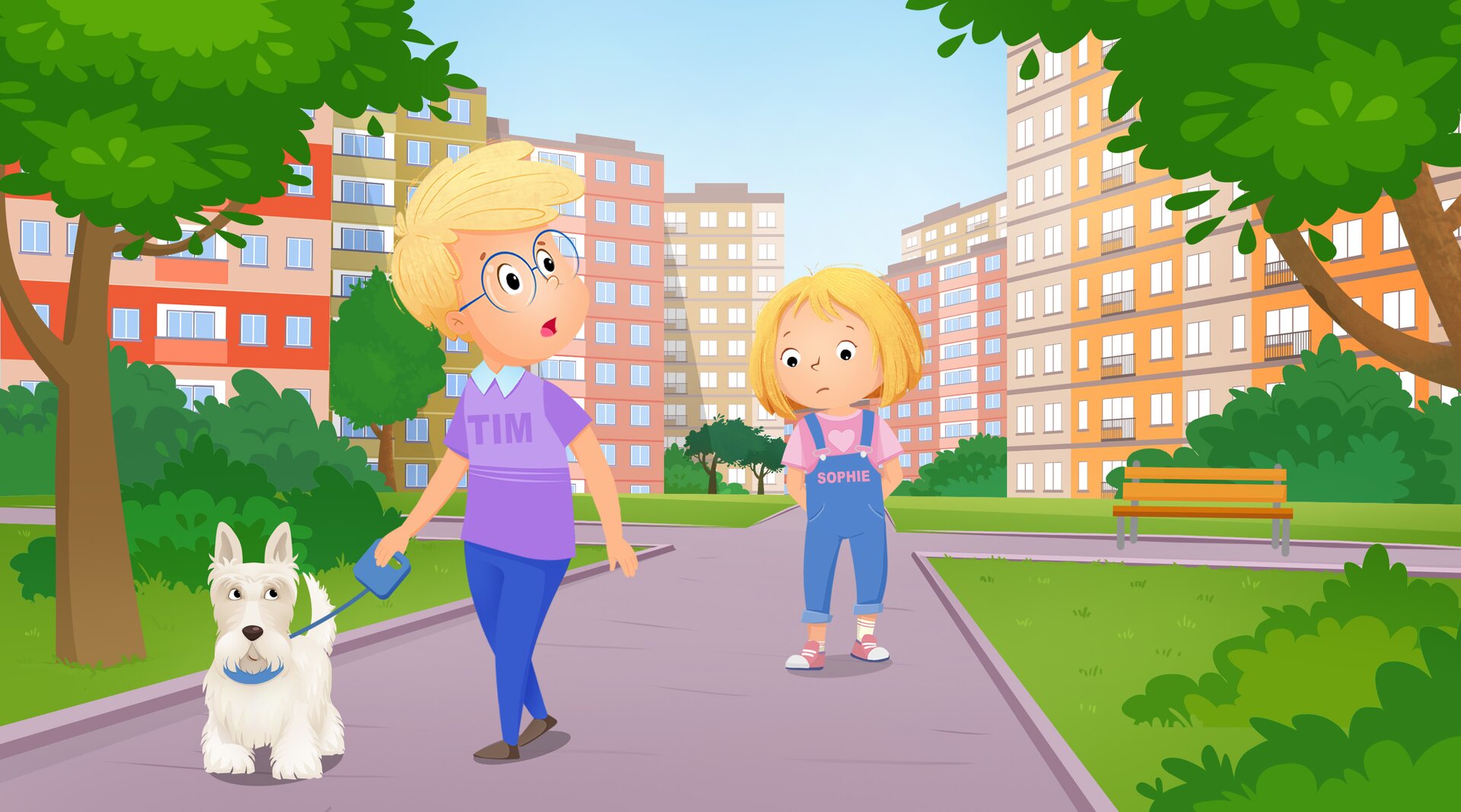 Ilustracja przedstawia chłopca o imieniu   Tim oraz dziewczynkę o imieniu   Sophie. Dzieci spacerują alejką na osiedlu. Chłopiec prowadzi na smyczy małego białego pieska.