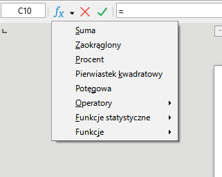 Ilustracja przedstawia fragment paska w dokumencie w programie  LibreOffice Writer . W oknie z lewej strony widnieje symbol C10, dalej symbol funkcji, czerwony krzyżyk i zielony symbol zaznaczenia wyboru. Poniżej widać rozwiniętą listę z opcjami: Suma, Zaokrąglony, Procent, Pierwiastek kwadratowy, Potęgowa, Operatory, Funkcje statyczne i Funkcje. 