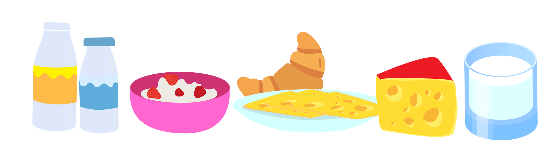 Ilustracja przedstawia produkty spożywcze. Od lewej są to: butelka soku pomarańczowego, butelka wody, owsianka z truskawkami w różowej misce, rogalik, kilka plastrów żółtego sera na błękitnym talerzu, duży kawałek żółtego sera w czerwonej folii oraz szklanka mleka.