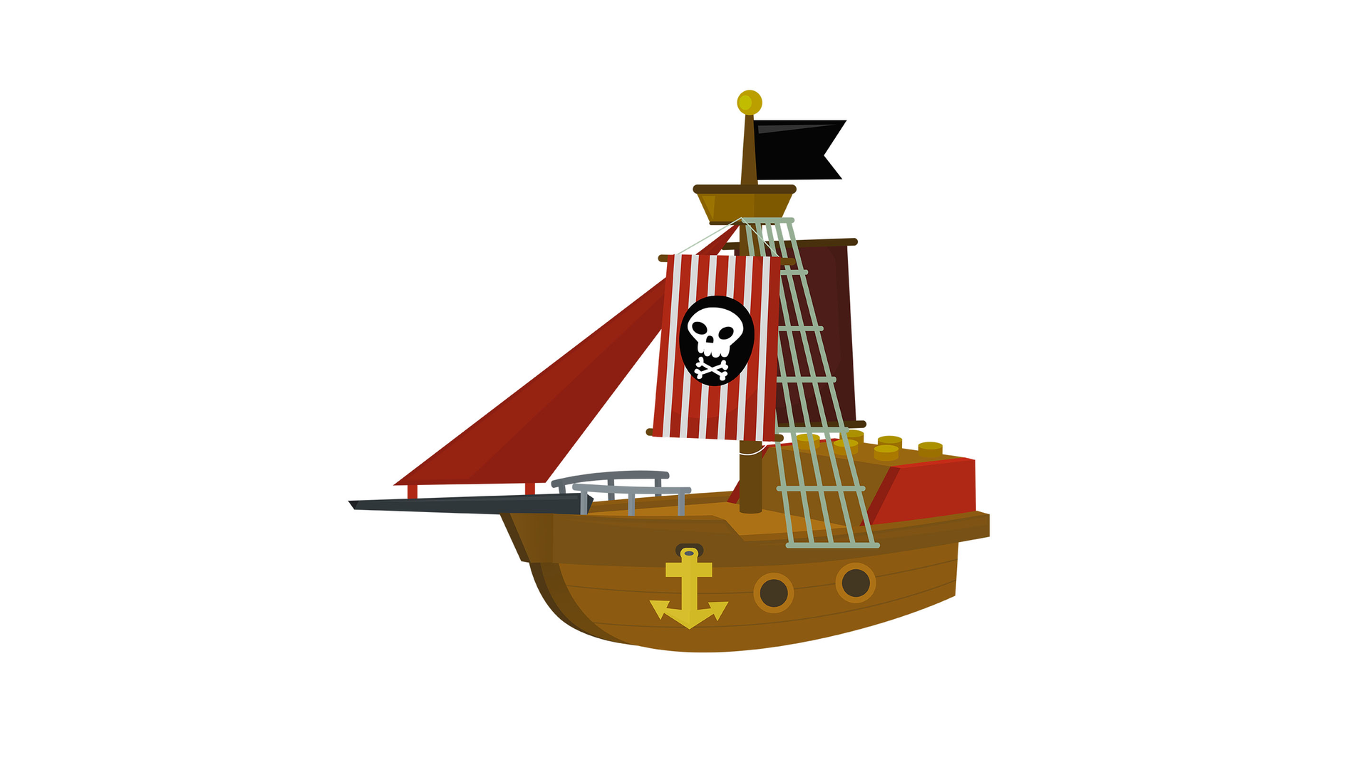 Ilustracja przedstawia statek z żaglami i flagą piracką.