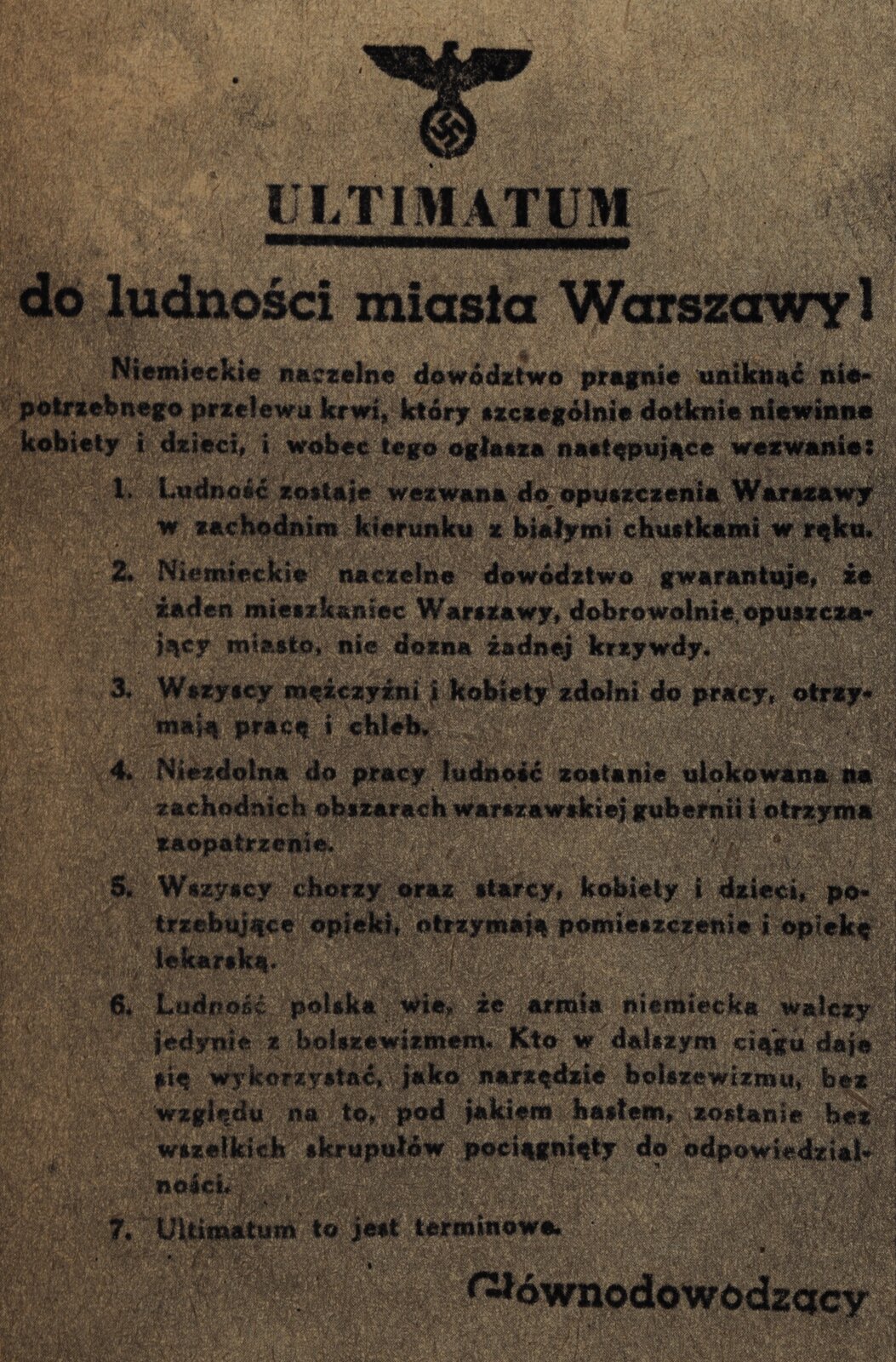 Fotografia przedstawia niemiecką ulotkę propagandową zrzuconą nad Warszawą we wrześniu 1944 roku.