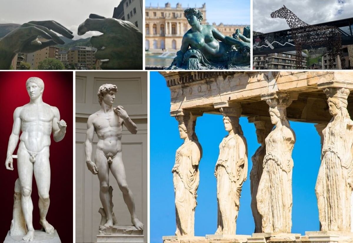 Ilustracja przedstawia fotokolaż składający się z sześciu fotografii ułożonych w dwóch poziomych rzędach. Na fotokolażu znajdują się zdjęcia przedstawiające przykłady rzeźb od starożytności do współczesności. Są to rzeźby figuralne, na których znajdują się sylwetki mężczyzn lub kobiet oraz zbliżenie na dłonie -monumentalną rzeźbę pomnikową.