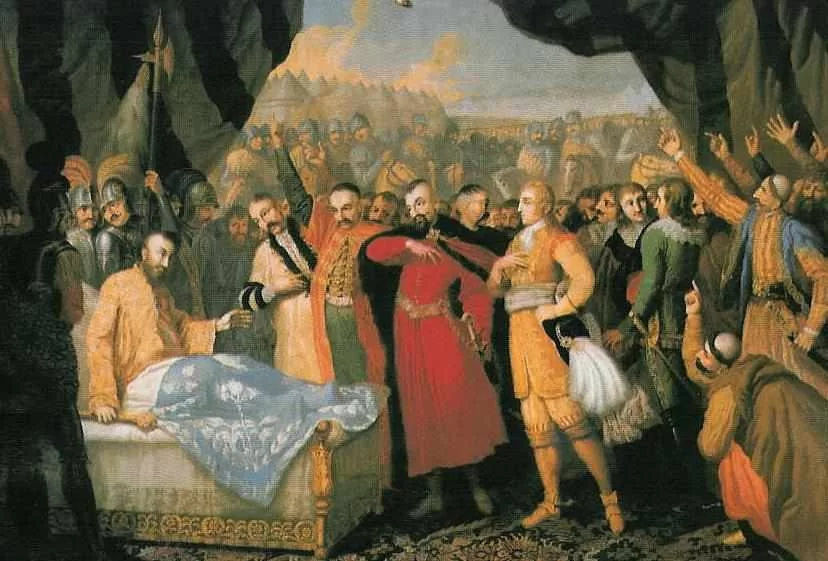 Obraz przedstawia scenę śmierci hetmana Chodkiewicza. W ogromnym wojskowym namiocie siedzi na łożu Chodkiewicz. Ma uniesioną lewą rękę. U jego wezgłowia stoją żołnierze w zbrojach z halabardami. Wokół łoża zgromadzona jest licznie szlachta. Na drugim planie, za odsłoniętymi połami namiotu widać żołnierzy na koniach i obóz wojskowy.