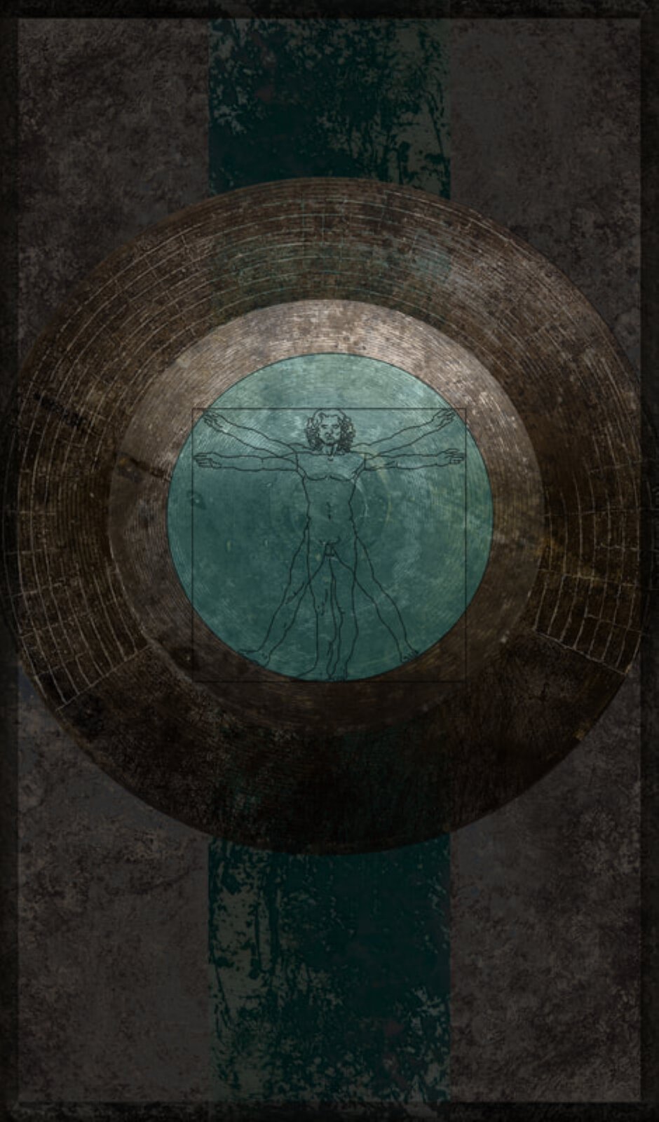 Ilustracja o brązowo‑zielonym tle przedstawia metalowy gong, w który wpisany jest człowiek witruwiański - czyli figura nagiego mężczyzny w dwóch nałożonych na siebie pozycjach, wpisaną w okrąg i kwadrat. Sam okrąg ma zielone tło, a kwadrat wychodzi poza obrys koła. 