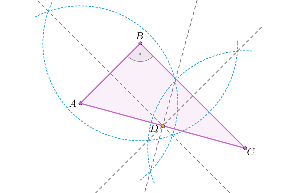 Ilustracja przedstawia trójkąt prostokątny A B C, przy czym kąt ABC jest kątem prostym. Z każdego wierzchołka narysowano łuk o takim samym promieniu. Przez wierzchołki oraz punkty przecięcia się łuków liniami przerywanymi poprowadzono proste. Punkt przecięcia się prostych zaznaczono literą D, punkt ten leży na przeciwprostokątnej tego trójkąta.