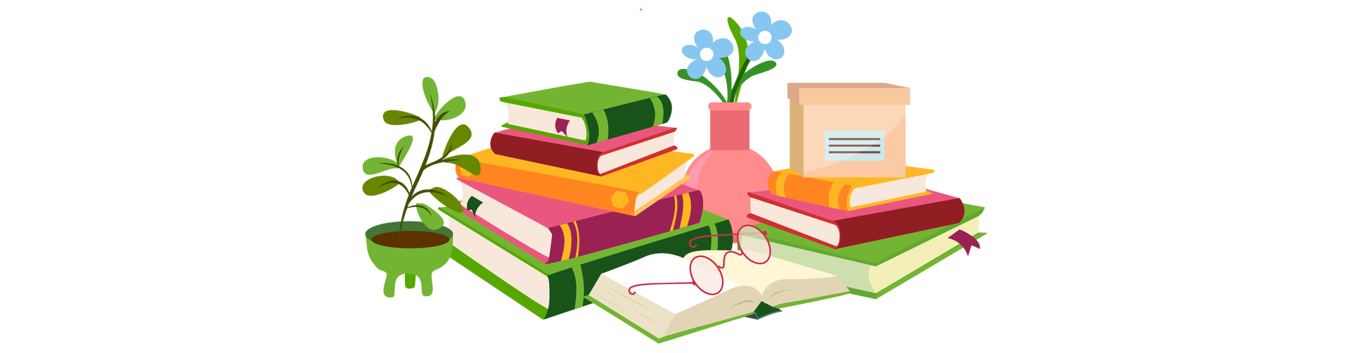 Ilustracja przedstawia różne przedmioty znajdujące się blisko siebie. Po lewej stronie stoi zielona roślina w zielonej donicy. Dalej jest pięć książek ułożonych jedna na drugiej. Pierwsza ma zieloną okładkę, druga ciemnoróżową, trzecia pomarańczową, czwarta również ciemnoróżową, a piąta również zieloną. Za książkami stoi jasnoróżowy wazon z dwoma niebieskimi kwiatkami. Na pierwszym planie leży otwarta książka w zielonej okładce. Na książce znajdują się okulary w okrągłych czerwonych oprawkach. Po prawej stronie są kolejne trzy książki ułożone jedna na drugiej. Pierwsza ma pomarańczową okładkę, druga ciemnoróżową, a trzecia jasnozieloną. Na książkach stoi beżowe pudełko z pokrywką.