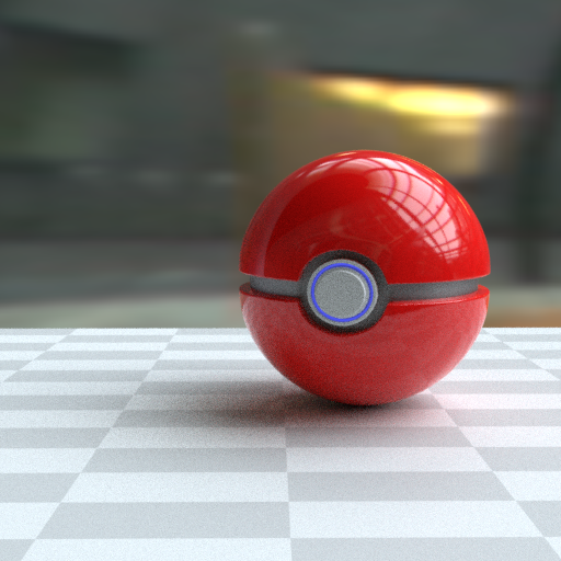 Render  przedstawia kulę stojącą na szaro‑białej szachownicy.  Kula ta to pokeball czerwonego materiału odbijającego światło przypominającego plastik.  Na środku pokeballa znajduje się niebieski okrąg.