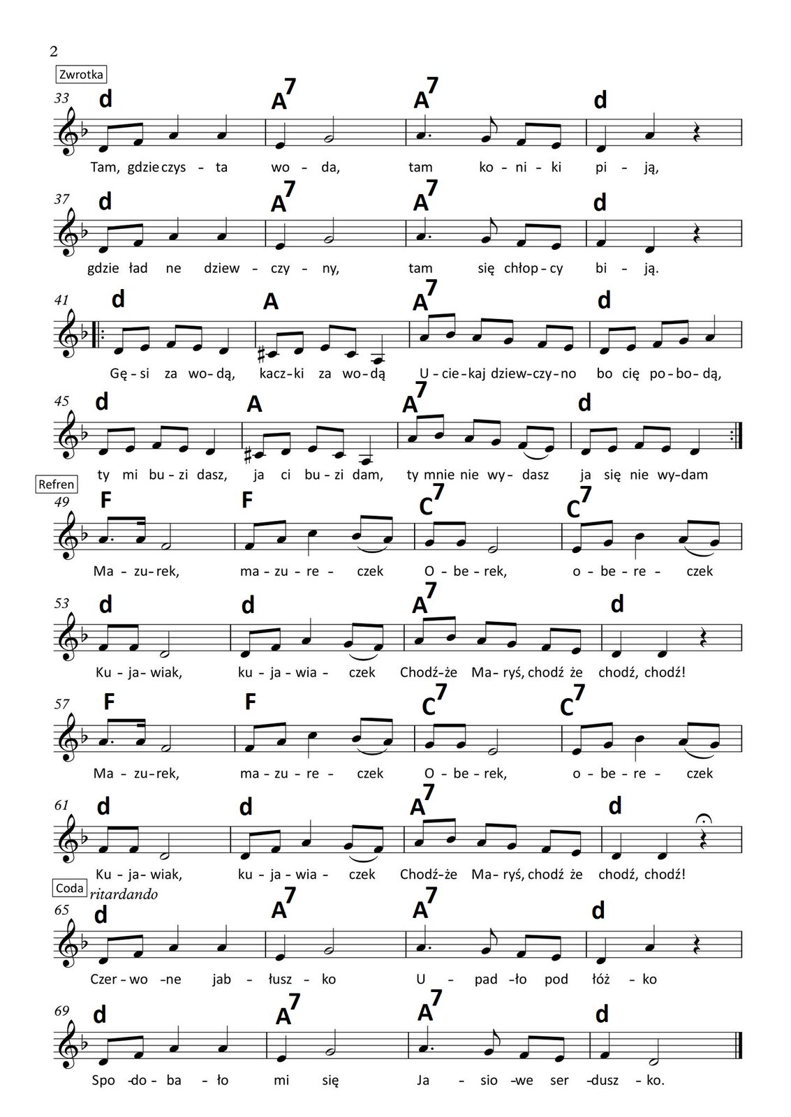 Czerwone Jabłuszko Grafika przedstawia partyturę utworu „Czerwone Jabłuszko”. Utwór jest napisany w tonacji F‑dur. Wszystkie dźwięki znajdują się w obrębie oktaw razkreślnej oraz dwukreślnej i są zapisane w kluczu wiolinowym. Pierwsze dwie linijki stanowią wstęp do utworu. W pierwszym takcie w pierwszej linijce na pierwszą miarę grane są dwie ósemki a. Na drugą miarę wykonywana jest półnuta f. Nad taktem zapisano akord F‑dur, a przed taktem początek repetycji. W drugim takcie na pierwszą miarę grane są ósemki: f oraz a, następnie na miarę drugą ćwierćnuta c, a dalej, na miarę trzecią, ósemki: b oraz a. Nad taktem zapisano akord F‑dur. W trzecim takcie na pierwszą miarę grana jest ósemka z kropką g, a następnie szesnastka g. Na drugą miarę wykonywana jest półnuta e. Nad taktem zapisano akord C7 (dominantę septymową). W czwartym takcie na pierwszą miarę wykonywane są dwie ósemki: e oraz g, następnie na miarę drugą ćwierćnuta b, a na trzecią miarę ósemki: a oraz g. Nad taktem zapisano akord C7 (dominantę septymową). W piątym takcie na pierwszą miarę grane są dwie ósemki f, a następnie półnuta d. Nad taktem zapisano akord d‑moll. W szóstym takcie na pierwszą miarę wykonywane są dwie ósemki: d oraz g, na miarę drugą ćwierćnuta a, a następnie na trzecią miarę ósemki: g oraz f. Nad taktem zapisano akord d‑moll. W takcie siódmym na pierwszą miarę grane są ósemki: a oraz b, dalej na miarę drugą ósemki a oraz g, a następnie na miarę trzecią ósemki f i e. Nad taktem zapisano akord A7 (dominantę septymową). W ostatnim takcie wstępu, czyli ósmym, na miary pierwszą oraz drugą grane są ćwierćnuty d z artykulacją staccato, po których zapisano pauzę ćwierćnutową. Nad taktem zapisano akord d‑moll. Po takcie zaznaczono koniec repetycji. W kolejnych czterech linijkach zapisano pierwszą zwrotkę, a pod dźwiękami tekst. W takcie dziewiątym na pierwszą miarę śpiewane są dwie ósemki: najpierw d, a następnie f. Na miary drugą oraz trzecią śpiewane są ćwierćnuty a. Nad taktem zapisano akord d‑moll. W dziesiątym takcie na pierwszą miarę śpiewana jest ćwierćnuta e, a na miarę drugą półnuta g. Nad taktem zapisano akord A7 (dominantę septymową). W jedenastym takcie na pierwszą miarę śpiewana jest ćwierćnuta z kropką a; na miarę dwa i wykonywana jest ósemka g, a na miarę trzecią dwie ósemki: f oraz e. Nad taktem zapisano akord A7 (dominantę septymową). W dwunastym takcie na pierwszą miarę śpiewana jest ćwierćnuta d, a na miarę drugą ćwierćnuta a. Na trzecią miarę zapisana jest pauza ćwierćnutowa. Nad taktem zapisano akord d‑moll. W takcie trzynastym na pierwszą miarę śpiewana jest ósemka d, a następnie ósemka f. Na miary drugą oraz trzecią śpiewane są ćwierćnuty a. Nad taktem zapisano akord d‑moll. W czternastym takcie na pierwszą miarę śpiewana jest ćwierćnuta e, a na miarę drugą półnuta g. Nad taktem zapisano akord A7 (dominantę septymową). W piętnastym takcie na pierwszą miarę śpiewana jest ćwierćnuta z kropką a; na miarę dwa i wykonywana jest ósemka g, a na miarę trzecią dwie ósemki: f oraz e. Nad taktem zapisano akord A7 (dominantę septymową). W szesnastym takcie na pierwszą miarę śpiewana jest ćwierćnuta f, a na miarę drugą ćwierćnuta d. Na trzecią miarę zapisana jest pauza ćwierćnutowa. Nad taktem zapisano akord d‑moll. Przed taktem siedemnastym zapisano początek repetycji. Na pierwszą oraz drugą miarę w tym takcie śpiewane są kolejno ósemki: d, e, f oraz e. Na miarę trzecią wykonywana jest ćwierćnuta d. Nad taktem zapisano akord d‑moll. W kolejnym, osiemnastym takcie na pierwszą miarę wykonywane są ósemki: cis oraz d, a na miarę drugą kolejno ósemki e oraz cis. Na miarę trzecią śpiewana jest ćwierćnuta a. Nad taktem zapisano akord A‑dur. W takcie dziewiętnastym na pierwszą miarę śpiewana jest ósemka a, dalej ósemka b. Na miary drugą oraz trzecią wykonywane są kolejno ósemki: a, g, f oraz e. Nad taktem zapisano akord A7 (dominantę septymową). W takcie dwudziestym na pierwszą oraz drugą miarę śpiewane są kolejno ósemki: d, e, f oraz g. Na trzecią miarę wykonywana jest ćwierćnuta a. Nad taktem zapisano akord d‑moll. W takcie dwudziestym pierwszym na pierwszą oraz drugą miarę śpiewane są kolejno ósemki: d, e, f oraz e. Na miarę trzecią wykonywana jest ćwierćnuta d. Nad taktem zapisano akord d‑moll. W dwudziestym drugim takcie na pierwszą miarę wykonywane są ósemki: cis oraz d, a na miarę drugą kolejno ósemki e oraz cis. Na miarę trzecią śpiewana jest ćwierćnuta a. Nad taktem zapisano akord A‑dur. W takcie dwudziestym trzecim na pierwszą miarę śpiewana jest ósemka z kropką a, dalej szesnastka b. Na miary drugą oraz trzecią wykonywane są kolejno ósemki: a, g, f oraz e; te dwie ostatnie z artykulacją legato. Nad taktem zapisano akord A7 (dominantę septymową). W takcie dwudziestym czwartym na pierwszą oraz drugą miarę śpiewane są kolejno ósemki: d, e, f oraz g. Na trzecią miarę wykonywana jest ćwierćnuta a. Nad taktem zapisano akord d‑moll. Po takcie zaznaczono koniec repetycji. W kolejnych dwóch linijkach zapisano refren utworu. W dwudziestym piątym takcie w pierwszej linijce na pierwszą miarę śpiewana jest ósemka z kropką a, następnie szesnastka a. Na drugą miarę wykonywana jest półnuta f. Nad taktem zapisano akord F‑dur, a przed taktem początek repetycji. W dwudziestym szóstym takcie na pierwszą miarę śpiewane są ósemki: f oraz a, następnie na miarę drugą ćwierćnuta c, a dalej, na miarę trzecią, ósemki: b oraz a z artykulacją legato. Nad taktem zapisano akord F‑dur. W dwudziestym siódmym takcie na pierwszą miarę grane są dwie ósemki g. Na drugą miarę wykonywana jest półnuta e. Nad taktem zapisano akord C7 (dominantę septymową). W dwudziestym ósmym takcie na pierwszą miarę wykonywane są dwie ósemki: e oraz g, następnie na miarę drugą ćwierćnuta b, a na trzecią miarę ósemki: a oraz g z artykulacją legato. Nad taktem zapisano akord C7 (dominantę septymową). W dwudziestym dziewiątym takcie na pierwszą miarę grane są dwie ósemki f, a następnie półnuta d. Nad taktem zapisano akord d‑moll. W trzydziestym takcie na pierwszą miarę wykonywane są dwie ósemki: d oraz g, na miarę drugą ćwierćnuta a, a następnie na trzecią miarę ósemki: g oraz f z artykulacją legato. Nad taktem zapisano akord d‑moll. W takcie trzydziestym pierwszym na pierwszą miarę grane są ósemki: a oraz b, dalej na miarę drugą ósemki a oraz g, a następnie na miarę trzecią ósemki f i e. Nad taktem zapisano akord A7 (dominantę septymową). W ostatnim takcie refrenu, czyli trzydziestym drugim, na miary pierwszą oraz drugą grane są ćwierćnuty d, po których zapisano pauzę ćwierćnutową. Nad taktem zapisano akord d‑moll. Po takcie zaznaczono koniec repetycji. W kolejnych czterech linijkach zapisano drugą zwrotkę. W takcie trzydziestym trzecim na pierwszą miarę śpiewana jest ósemka d, a następnie ósemka f. Na miary drugą oraz trzecią śpiewane są ćwierćnuty a. Nad taktem zapisano akord d‑moll. W trzydziestym czwartym takcie na pierwszą miarę śpiewana jest ćwierćnuta e, a na miarę drugą półnuta g. Nad taktem zapisano akord A7 (dominantę septymową). W trzydziestym piątym takcie na pierwszą miarę śpiewana jest ćwierćnuta z kropką a; na miarę dwa i wykonywana jest ósemka g, a na miarę trzecią dwie ósemki: f oraz e. Nad taktem zapisano akord A7 (dominantę septymową). W trzydziestym szóstym takcie na pierwszą miarę śpiewana jest ćwierćnuta d, a na miarę drugą ćwierćnuta a. Na trzecią miarę zapisana jest pauza ćwierćnutowa. Nad taktem zapisano akord d‑moll. W takcie trzydziestym siódmym na pierwszą miarę śpiewana jest ósemka d, a następnie ósemka f. Na miary drugą oraz trzecią śpiewane są ćwierćnuty a. Nad taktem zapisano akord d‑moll. W trzydziestym ósmym takcie na pierwszą miarę śpiewana jest ćwierćnuta e, a na miarę drugą półnuta g. Nad taktem zapisano akord A7 (dominantę septymową). W trzydziestym dziewiątym takcie na pierwszą miarę śpiewana jest ćwierćnuta z kropką a; na miarę dwa i wykonywana jest ósemka g, a na miarę trzecią dwie ósemki: f oraz e. Nad taktem zapisano akord A7 (dominantę septymową). W czterdziestym takcie na pierwszą miarę śpiewana jest ćwierćnuta f, a na miarę drugą półnuta d. Na trzecią miarę zapisana jest pauza ćwierćnutowa. Nad taktem zapisano akord d‑moll. Przed taktem czterdziestym pierwszym zapisano początek repetycji. Na pierwszą oraz drugą miarę w tym takcie śpiewane są kolejno ósemki: d, e, f oraz e. Na miarę trzecią wykonywana jest ćwierćnuta d. Nad taktem zapisano akord d‑moll. W kolejnym, czterdziestym drugim takcie na pierwszą miarę wykonywane są ósemki: cis oraz d, a na miarę drugą kolejno ósemki e oraz cis. Na miarę trzecią śpiewana jest ćwierćnuta a. Nad taktem zapisano akord A‑dur. W takcie czterdziestym trzecim na pierwszą miarę śpiewana jest ósemka a, dalej ósemka b. Na miary drugą oraz trzecią wykonywane są kolejno ósemki: a, g, f oraz e. Nad taktem zapisano akord A7 (dominantę septymową). W takcie czterdziestym czwartym na pierwszą oraz drugą miarę śpiewane są kolejno ósemki: d, e, f oraz g. Na trzecią miarę wykonywana jest ćwierćnuta a. Nad taktem zapisano akord d‑moll. W takcie czterdziestym piątym na pierwszą oraz drugą miarę śpiewane są kolejno ósemki: d, e, f oraz e. Na miarę trzecią wykonywana jest ćwierćnuta d. Nad taktem zapisano akord d‑moll. W czterdziestym szóstym takcie na pierwszą miarę wykonywane są ósemki: cis oraz d, a na miarę drugą kolejno ósemki e oraz cis. Na miarę trzecią śpiewana jest ćwierćnuta a. Nad taktem zapisano akord A‑dur. W takcie czterdziestym siódmym na pierwszą miarę śpiewana jest ósemka z kropką a, dalej szesnastka b. Na miary drugą oraz trzecią wykonywane są kolejno ósemki: a, g, f oraz e; te dwie ostatnie z artykulacją legato. Nad taktem zapisano akord A7 (dominantę septymową). W takcie czterdziestym ósmym na pierwszą oraz drugą miarę śpiewane są kolejno ósemki: d, e, f oraz g. Na trzecią miarę wykonywana jest ćwierćnuta a. Nad taktem zapisano akord d‑moll. Po takcie zaznaczono koniec repetycji. W kolejnych czterech linijkach zapisano drugi refren utworu. W czterdziestym dziewiątym takcie na pierwszą miarę śpiewana jest ósemka z kropką a, następnie szesnastka a. Na drugą miarę wykonywana jest półnuta f. Nad taktem zapisano akord F‑dur. W pięćdziesiątym takcie na pierwszą miarę śpiewane są ósemki: f oraz a, następnie na miarę drugą ćwierćnuta c, a dalej, na miarę trzecią, ósemki: b oraz a z artykulacją legato. Nad taktem zapisano akord F‑dur. W pięćdziesiątym pierwszym takcie na pierwszą miarę grane są dwie ósemki g. Na drugą miarę wykonywana jest półnuta e. Nad taktem zapisano akord C7 (dominantę septymową). W pięćdziesiątym drugim takcie na pierwszą miarę wykonywane są dwie ósemki: e oraz g, następnie na miarę drugą ćwierćnuta b, a na trzecią miarę ósemki: a oraz g z artykulacją legato. Nad taktem zapisano akord C7 (dominantę septymową). W pięćdziesiątym trzecim takcie na pierwszą miarę grane są dwie ósemki f, a następnie półnuta d. Nad taktem zapisano akord d‑moll. W pięćdziesiątym czwartym takcie na pierwszą miarę wykonywane są dwie ósemki: d oraz g, na miarę drugą ćwierćnuta a, a następnie na trzecią miarę ósemki: g oraz f z artykulacją legato. Nad taktem zapisano akord d‑moll. W takcie pięćdziesiątym piątym na pierwszą miarę grane są ósemki: a oraz b, dalej na miarę drugą ósemki a oraz g, a następnie na miarę trzecią ósemki f i e. Nad taktem zapisano akord A7 (dominantę septymową). W takcie pięćdziesiątym szóstym na miary pierwszą oraz drugą grane są ćwierćnuty d, po których zapisano pauzę ćwierćnutową. Nad taktem zapisano akord d‑moll. W pięćdziesiątych siódmym takcie na pierwszą miarę śpiewana jest ósemka z kropką a, następnie szesnastka a. Na drugą miarę wykonywana jest półnuta f. Nad taktem zapisano akord F‑dur, a przed taktem początek repetycji. W pięćdziesiątym ósmym takcie na pierwszą miarę śpiewane są ósemki: f oraz a, następnie na miarę drugą ćwierćnuta c, a dalej, na miarę trzecią, ósemki: b oraz a z artykulacją legato. Nad taktem zapisano akord F‑dur. W pięćdziesiątym dziewiątym takcie na pierwszą miarę grane są dwie ósemki g. Na drugą miarę wykonywana jest półnuta e. Nad taktem zapisano akord C7 (dominantę septymową). W sześćdziesiątym takcie na pierwszą miarę wykonywane są dwie ósemki: e oraz g, następnie na miarę drugą ćwierćnuta b, a na trzecią miarę ósemki: a oraz g z artykulacją legato. Nad taktem zapisano akord C7 (dominantę septymową). W sześćdziesiątym pierwszym takcie na pierwszą miarę grane są dwie ósemki f, a następnie półnuta d. Nad taktem zapisano akord d‑moll. W sześćdziesiątym drugim takcie na pierwszą miarę wykonywane są dwie ósemki: d oraz g, na miarę drugą ćwierćnuta a, a następnie na trzecią miarę ósemki: g oraz f z artykulacją legato. Nad taktem zapisano akord d‑moll. W takcie sześćdziesiątym trzecim na pierwszą miarę grane są ósemki: a oraz b, dalej na miarę drugą ósemki a oraz g, a następnie na miarę trzecią ósemki f i e. Nad taktem zapisano akord A7 (dominantę septymową). W ostatnim takcie refrenu, czyli sześćdziesiątym czwartym, na miary pierwszą oraz drugą grane są ćwierćnuty d, po których zapisano pauzę ćwierćnutową ze znakiem fermaty. Nad taktem zapisano akord d‑moll. Po takcie zaznaczono koniec repetycji. Ostatnie dwie linijki utworu to coda. W takcie sześćdziesiątym piątym na pierwszą miarę śpiewana jest ósemka d, a następnie ósemka f. Na miary drugą oraz trzecią śpiewane są ćwierćnuty a. Nad taktem zapisano akord d‑moll. W sześćdziesiątym szóstym takcie na pierwszą miarę śpiewana jest ćwierćnuta e, a na miarę drugą półnuta g. Nad taktem zapisano akord A7 (dominantę septymową). W sześćdziesiątym siódmym takcie na pierwszą miarę śpiewana jest ćwierćnuta z kropką a; na miarę dwa i wykonywana jest ósemka g, a na miarę trzecią dwie ósemki: f oraz e. Nad taktem zapisano akord A7 (dominantę septymową). W sześćdziesiątym ósmym takcie na pierwszą miarę śpiewana jest ćwierćnuta d, a na miarę drugą ćwierćnuta a. Na trzecią miarę zapisana jest pauza ćwierćnutowa. Nad taktem zapisano akord d‑moll. W takcie sześćdziesiątym dziewiątym na pierwszą miarę śpiewana jest ósemka d, a następnie ósemka f. Na miary drugą oraz trzecią śpiewane są ćwierćnuty a. Nad taktem zapisano akord d‑moll. W siedemdziesiątym takcie na pierwszą miarę śpiewana jest ćwierćnuta e, a na miarę drugą półnuta g. Nad taktem zapisano akord A7 (dominantę septymową). W siedemdziesiątym pierwszym takcie na pierwszą miarę śpiewana jest ćwierćnuta z kropką a; na miarę dwa i wykonywana jest ósemka g, a na miarę trzecią dwie ósemki: f oraz e. Nad taktem zapisano akord A7 (dominantę septymową). W siedemdziesiątym drugim takcie na pierwszą miarę śpiewana jest ćwierćnuta f, a na miarę drugą ćwierćnuta d. Na trzecią miarę zapisana jest pauza ćwierćnutowa. Nad taktem zapisano akord d‑moll. Na końcu taktu zaznaczono koniec utworu.