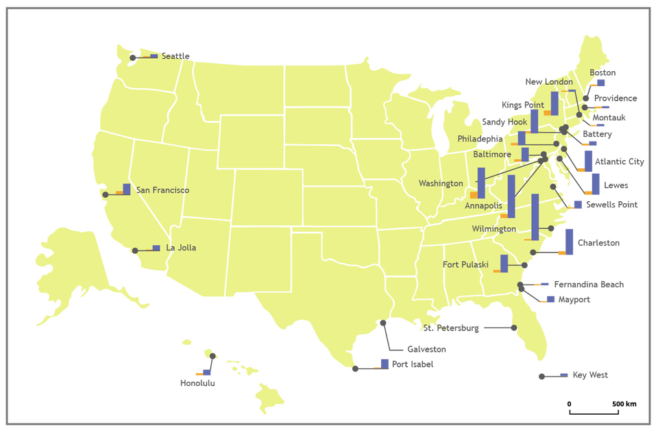 Mapa Stanów Zjednoczonych przedstawia częstotliwość powodzi. Największa występuje w Wilmington oraz Annapolis. Następnie jest Washington, Charleston, Sandy Hook, Kings Point, Atlantic City, Lewes, Fort Pulaski, Philadelphia, Baltimore, Boston, Sewells Point, Mayport, Battery, Fernandina Beach, Montauk, Providence oraz New London na wschodnim wybrzeżu. Największa częstotliwość na zachodnim wybrzeżu występuje w San Francisco ale w porównaniu do wschodniego wybrzeża jest to niewiele. Następnie są La Jolla oraz Seattle. Na południowym wybrzeżu największa częstotliwość wynosi w Port Isabel. Następnie w Honolulu, Key West, Galveston oraz Saint Petersburg.