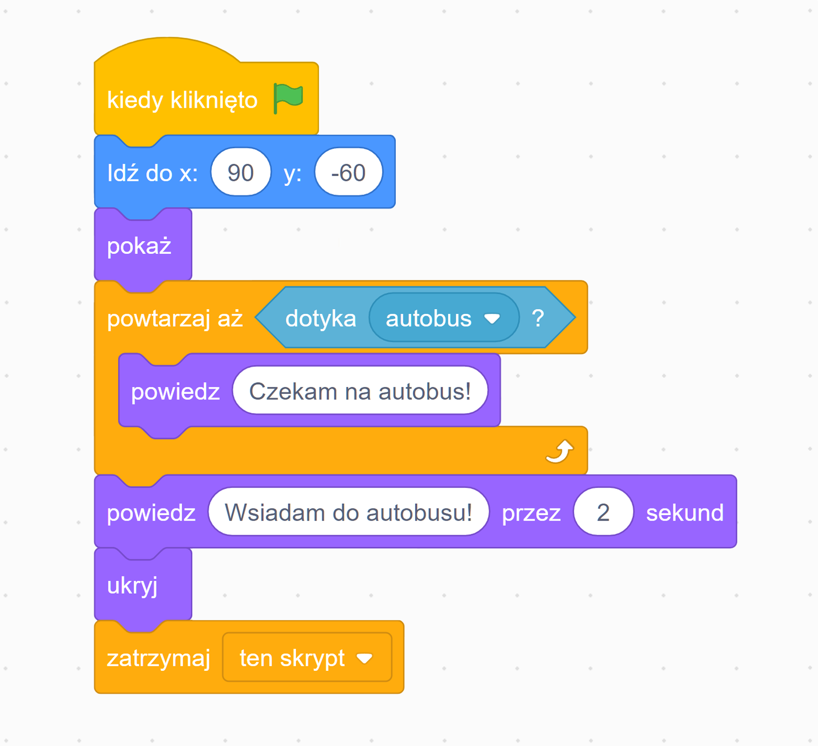 Zrzut ekranu prezentuje skrypt kota, który ma czekać na nadjeżdżający autobus, a następnie wsiada do niego, czyli znika. Pierwszy blok: Kiedy kliknięto zieloną flagę. Drugi blok: Idź do x równego 
 minus sto dwadzieścia i y równego sto. Liczby zostały wpisane. Trzeci wiersz: Pokaż. Czwarty blok: Powiedz: "Czekam na autobus!". Tekst został wpisany. Piąty blok: Czekaj, aż dotyka: "autobus". Autobus został wybrany z listy rozwijalnej. Szósty blok: Powiedz: "Wsiadam do autobusu!" przez dwie sekundy. Tekst i liczba zostały wpisane. Siódmy blok: Ukryj. Siódmy wiersz: Zatrzymaj ten skrypt. Ten skrypt został wybrany z listy rozwijalnej.